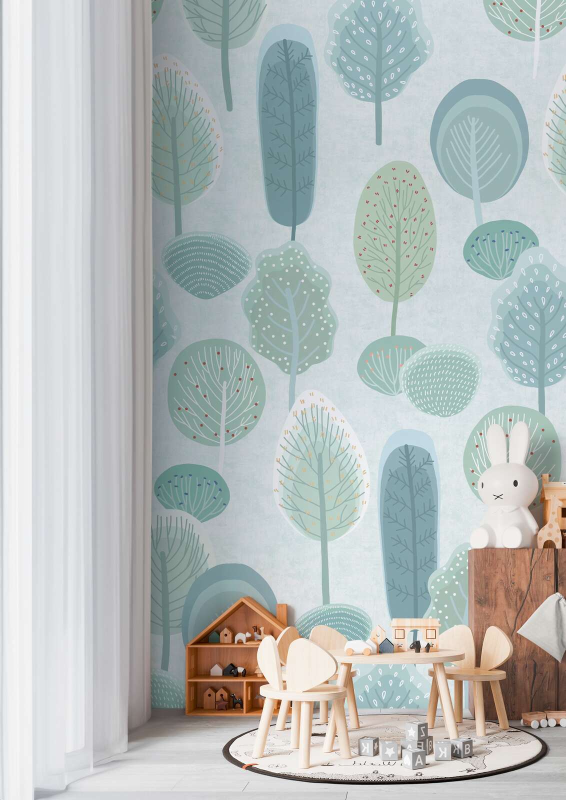 kinderzimmer, Wandmotiv, Baum Muster, Holzmöbel, Spielzeugaufbewahrung