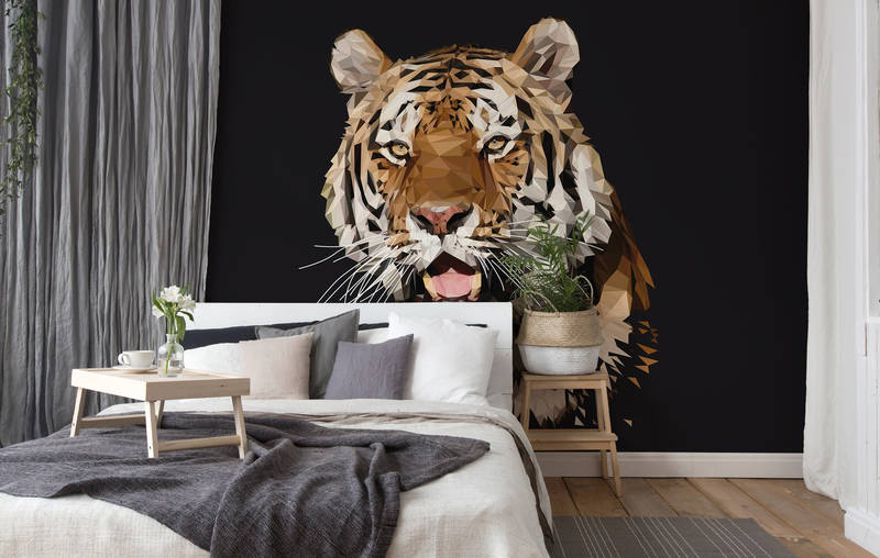 Tiger-Mural, Schlafzimmer-Dekor, Wandkunst, Braun-weißer Tiger, Schwarze Wand