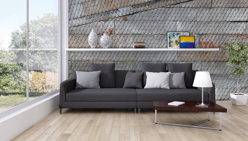             Metall Design Fototapete – Vliestapete mit Schindelmuster und Used-Effekt – Grau, Rot, Braun
        