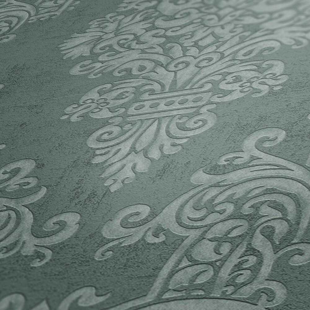 Vliestapete im Barockdesign mit Glitzereffekt – Grün, Dunkelgrün