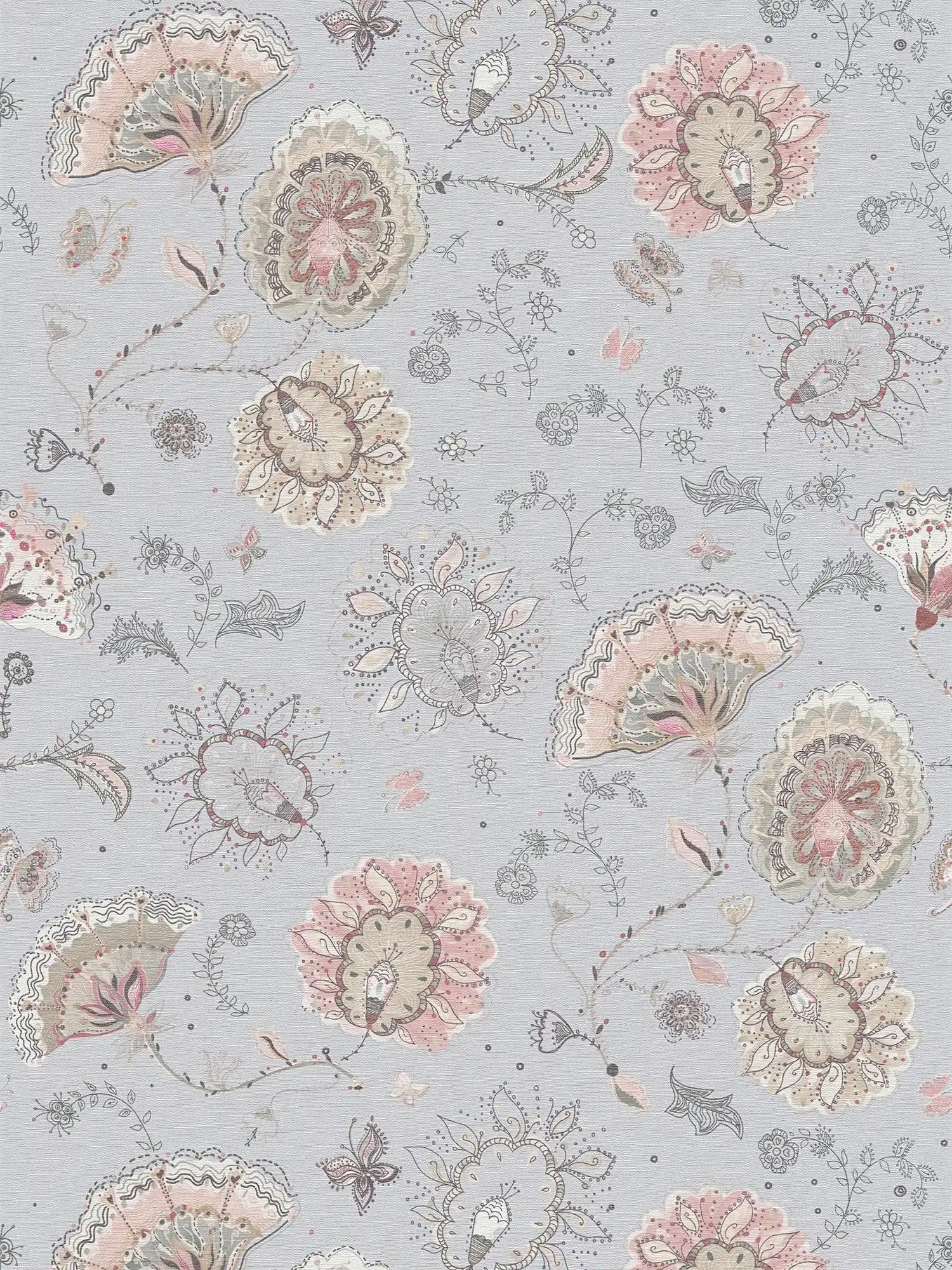             Vliestapete mit abstrakten Blumenmuster feiner Struktur – Grau, Beige, Creme
        