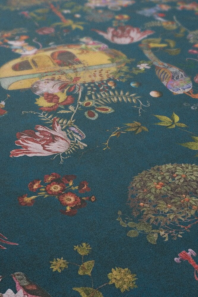             Märchenhafte Kinderzimmer Vliestapete mit Waldtieren – Blau, Gelb, Grün
        