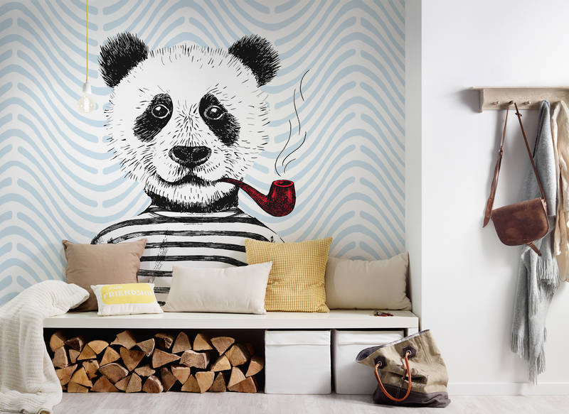             Papier peint bande dessinée pour chambre d'enfant motif panda - bleu, rouge, blanc
        