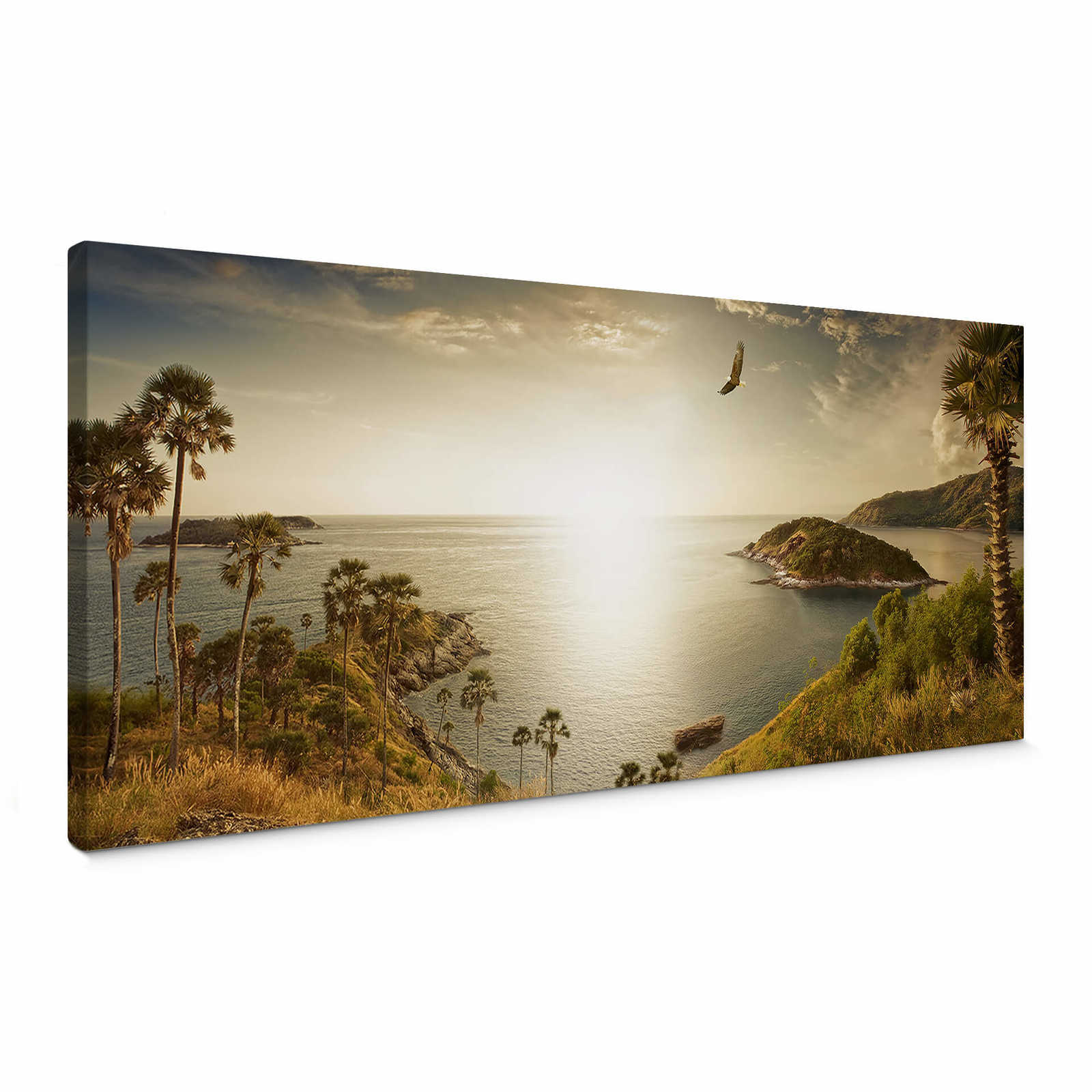         Tableau panoramique sur toile d'un coucher de soleil sur la mer en bleu et beige - 1,00 m x 0,40 m
    