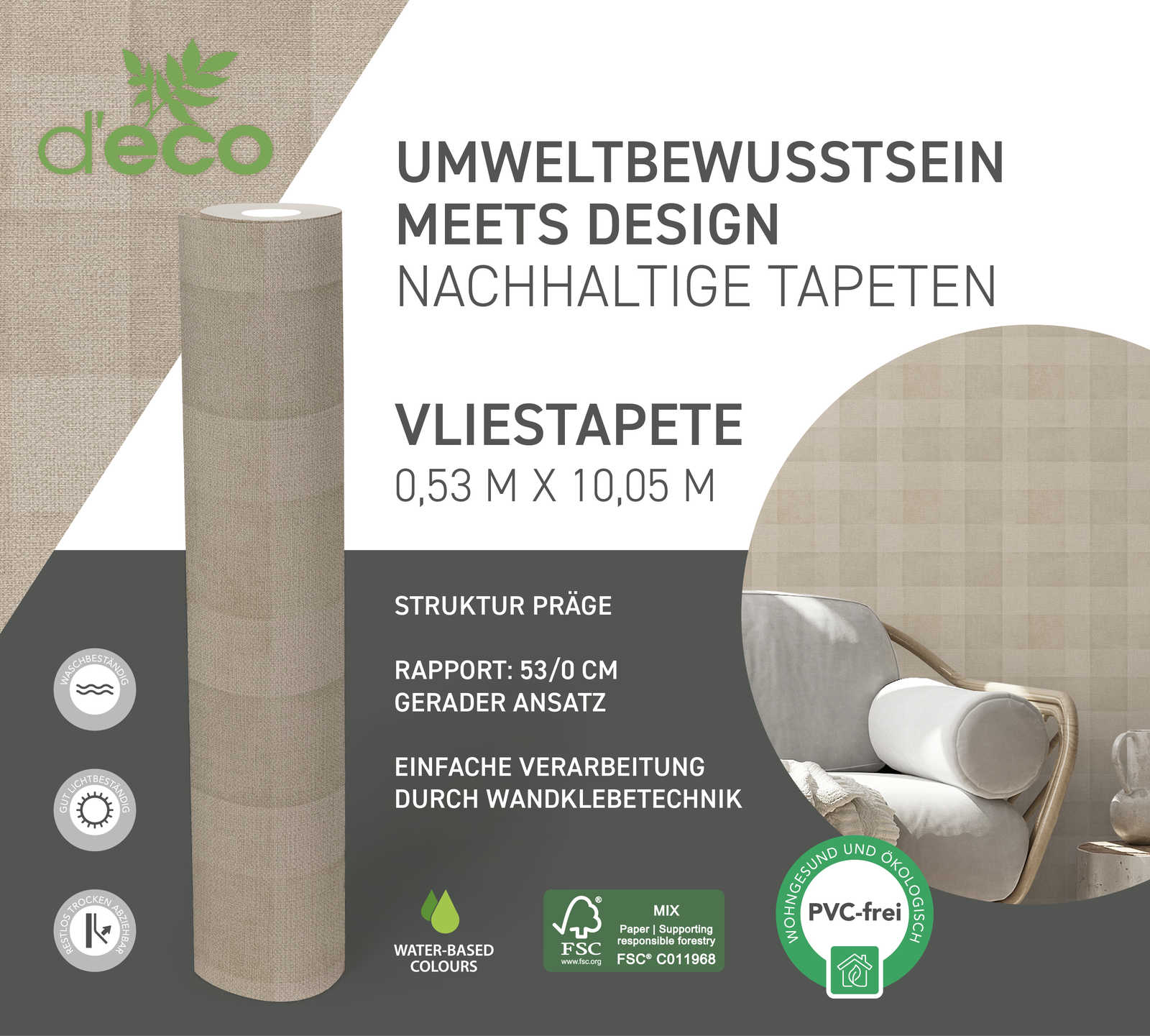             Vliesbehang met ruitpatroon & linnenlook PVC-vrij - bruin
        