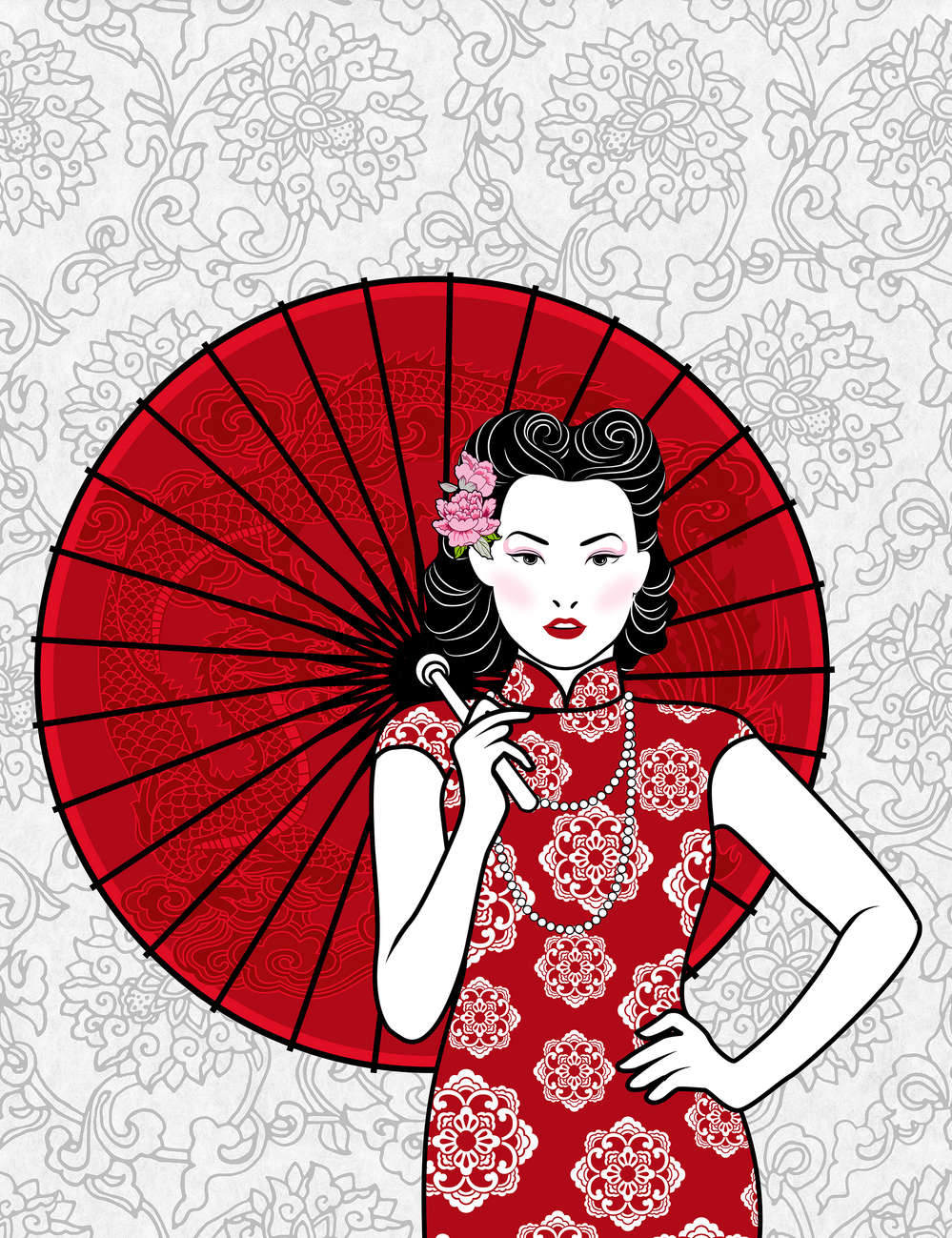qipao, cheongsam, rot, schirm, blumenmuster
