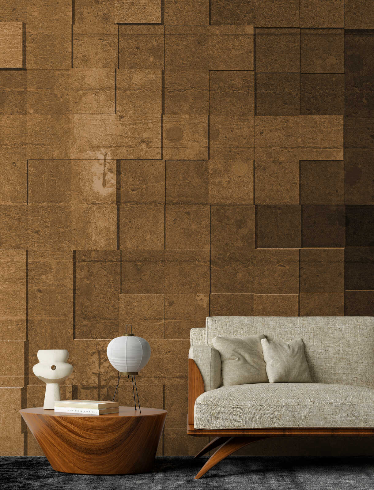Sofa, Wohnzimmer, Wandverkleidung, braune Wand, Couchtisch