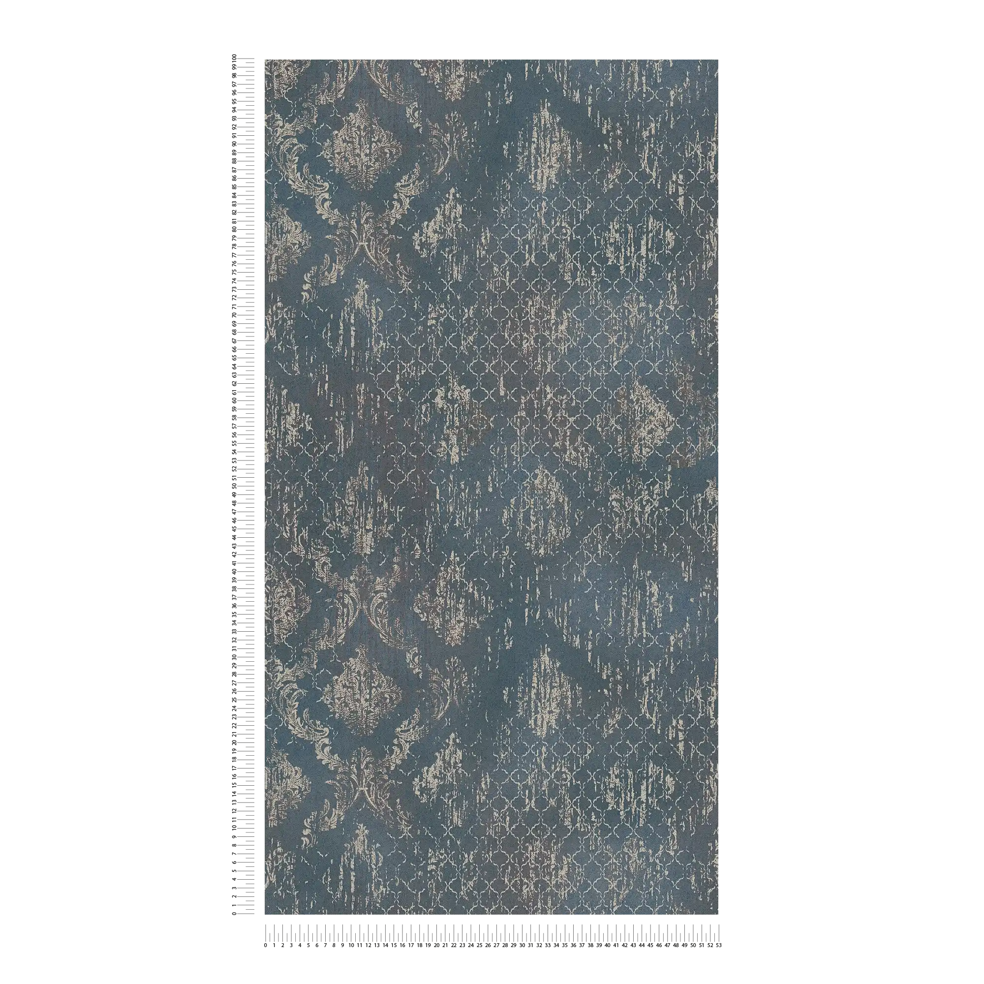 Detailreiche Vliestapete mit schimmernden Ornamenten und feiner Struktur – Blau, Silber, Metallic