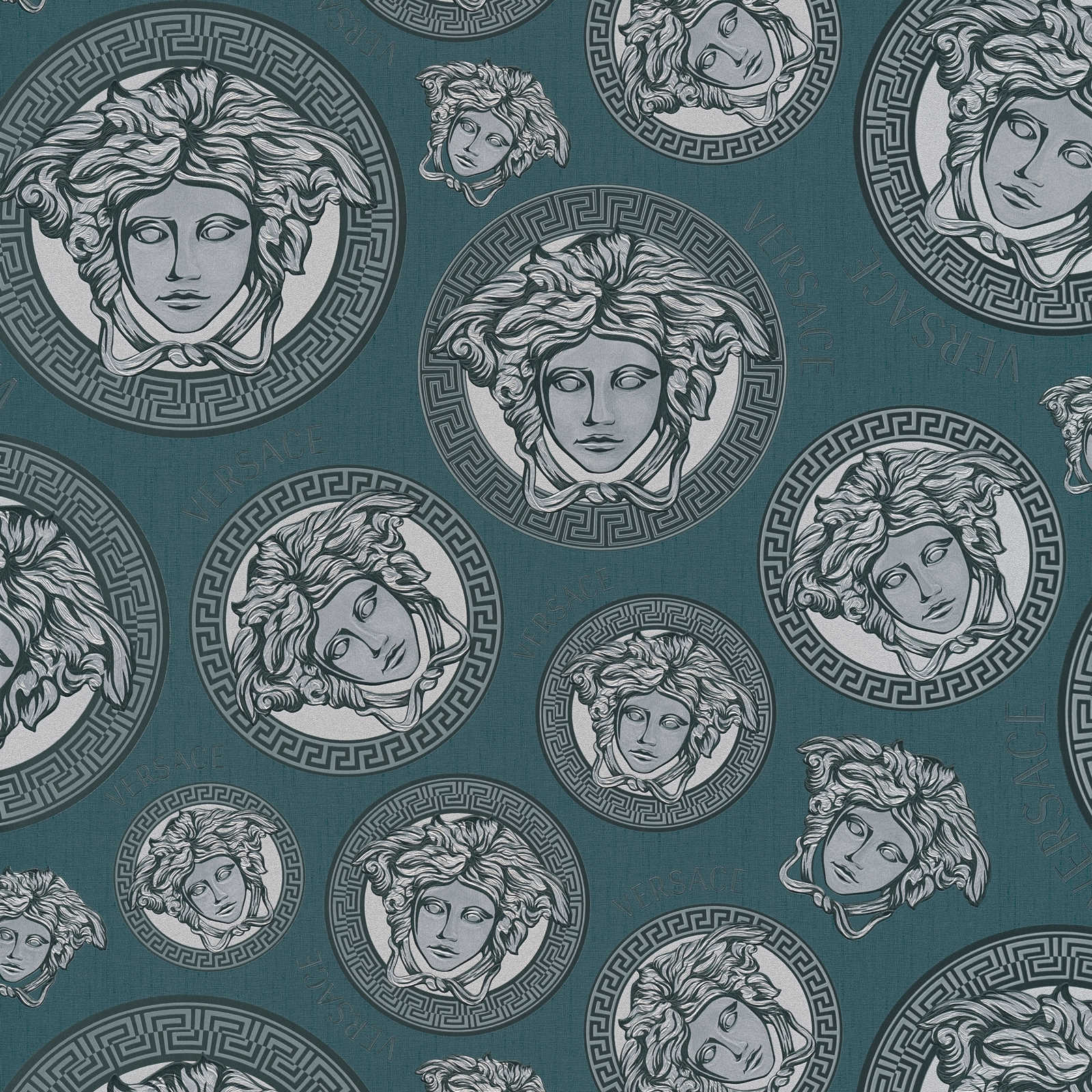        VERSACE wallpaper coral blue with Medusa pattern - blue, metallic
    
