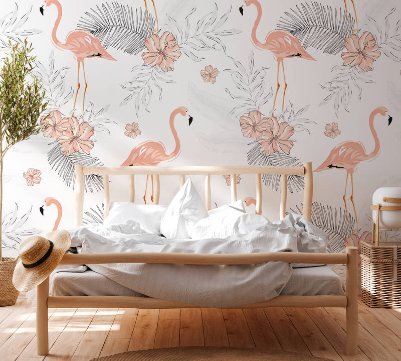             Papier peint Flamants & plantes tropicales - blanc, rose, gris
        
