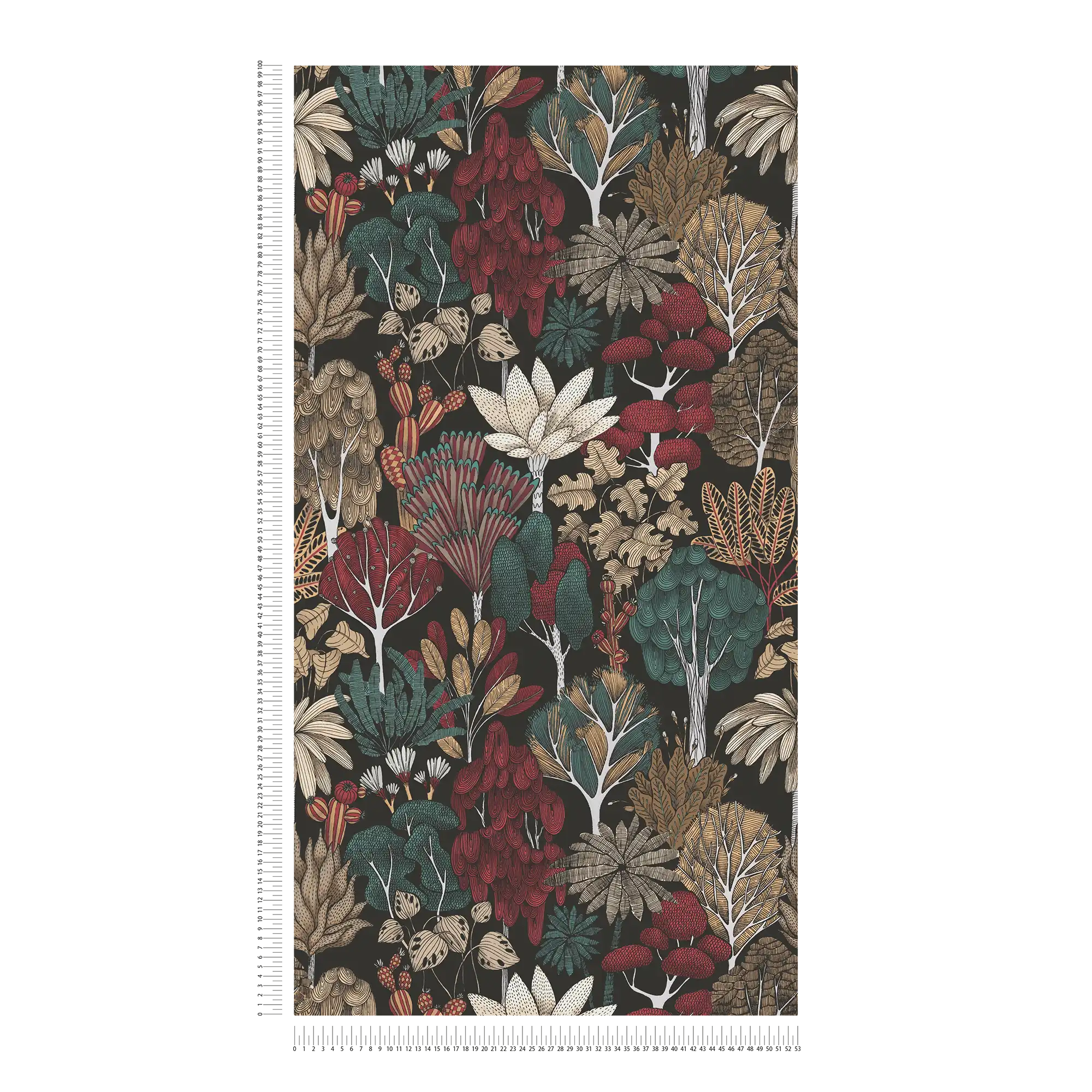             Tapete Bäume & Blätter im Zeichenstil – Schwarz, Grün, Rot
        