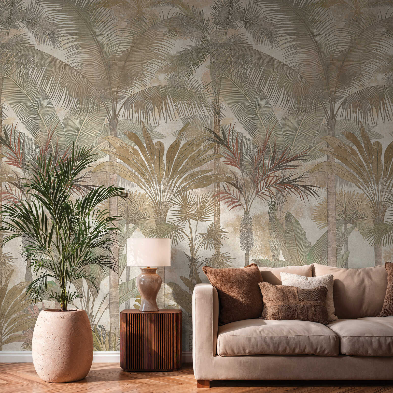 Motivtapete Sanfter Morgen im Dschungel – Helle Vliestapete mit tropischem Palmen-Design - Beige, Creme