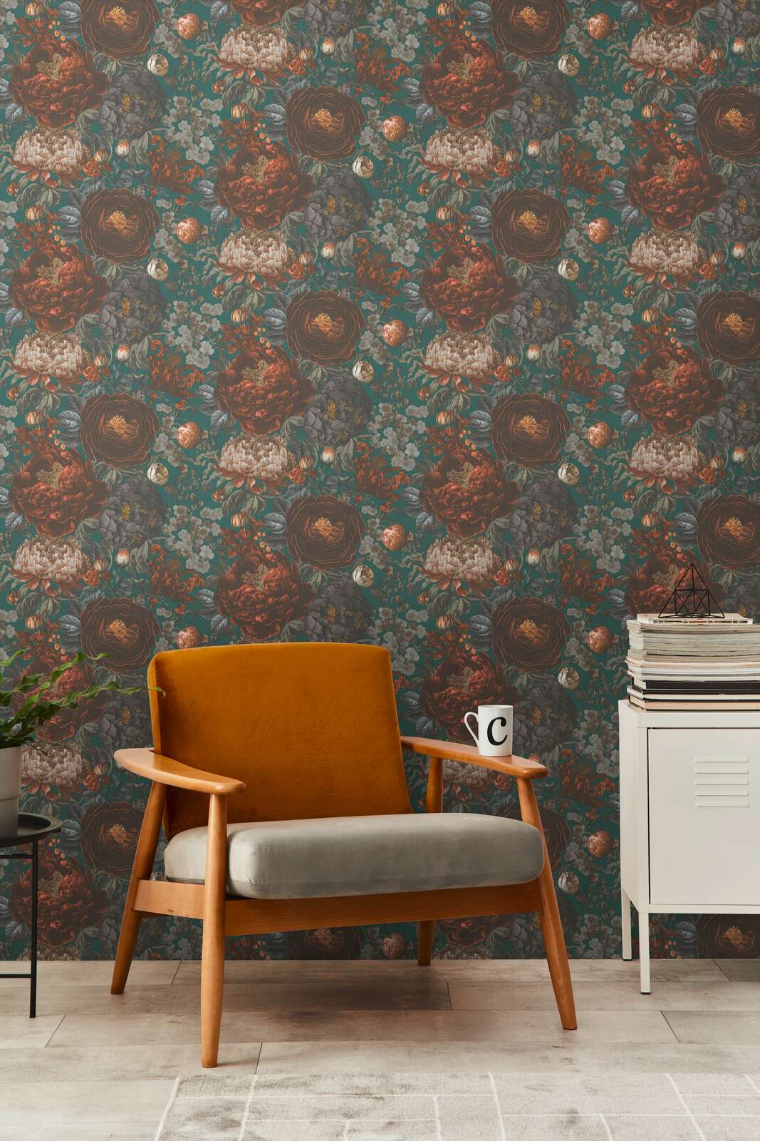 MICHALSKY Vliestapete mit großem Blütenmuster im Vintagelook – Grün, Grau, Orange