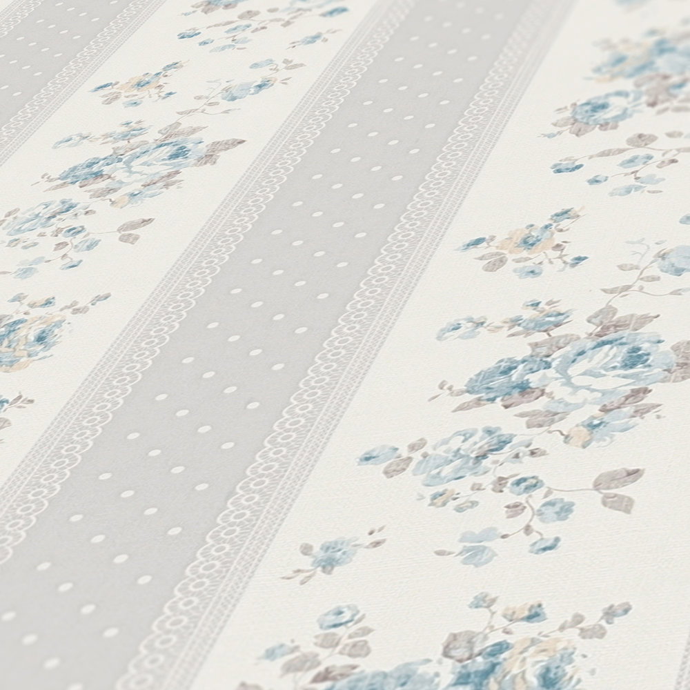 Vliestapete mit gepunkteten und floralen Streifen – Grau, Weiß, Blau