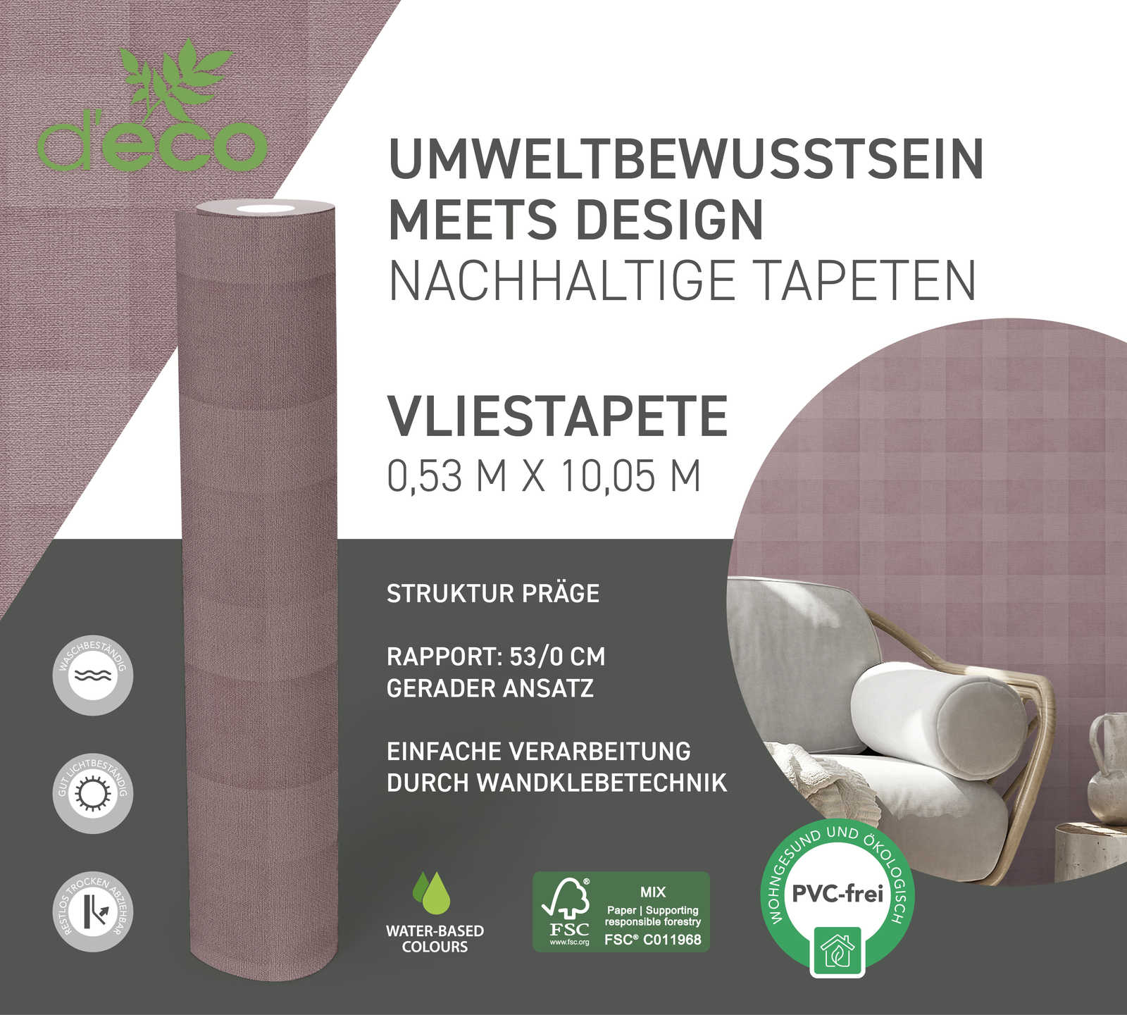             Karotapete mit Leinoptik PVC-frei – Lila
        