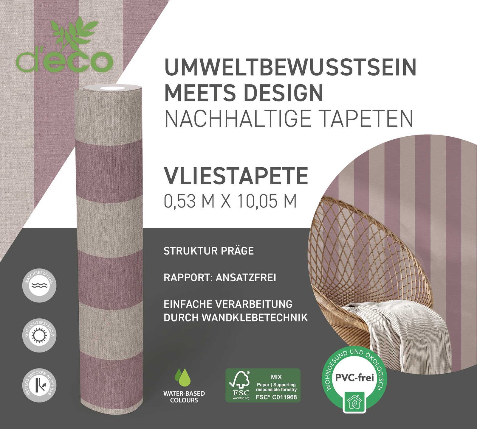             PVC-freie Streifentapete mit Leinenoptik – Lila, Grau
        