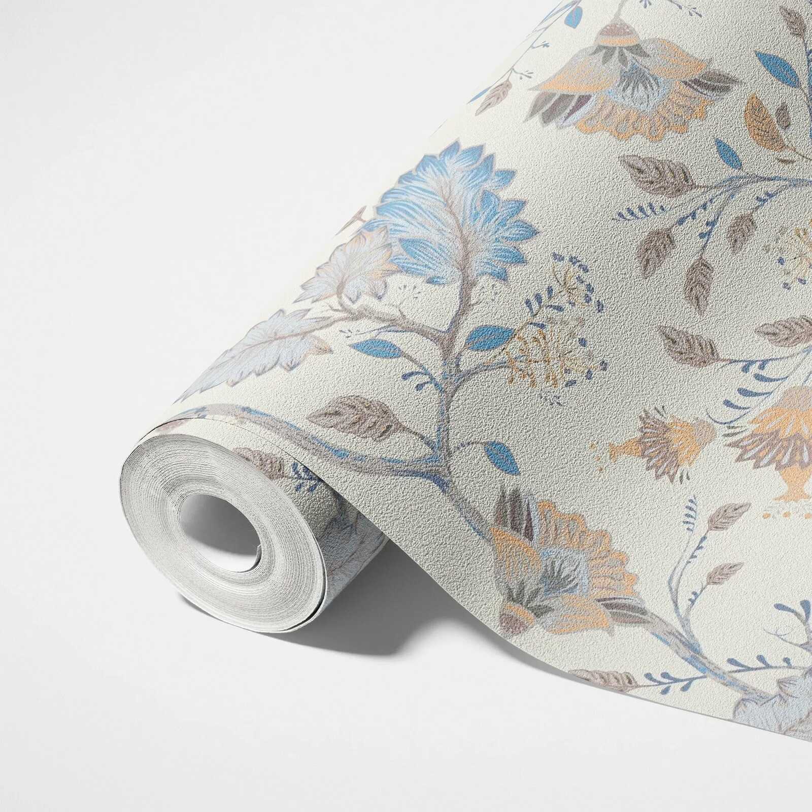             Vliestapete mit floralem Muster - Blau, Creme, Grau
        
