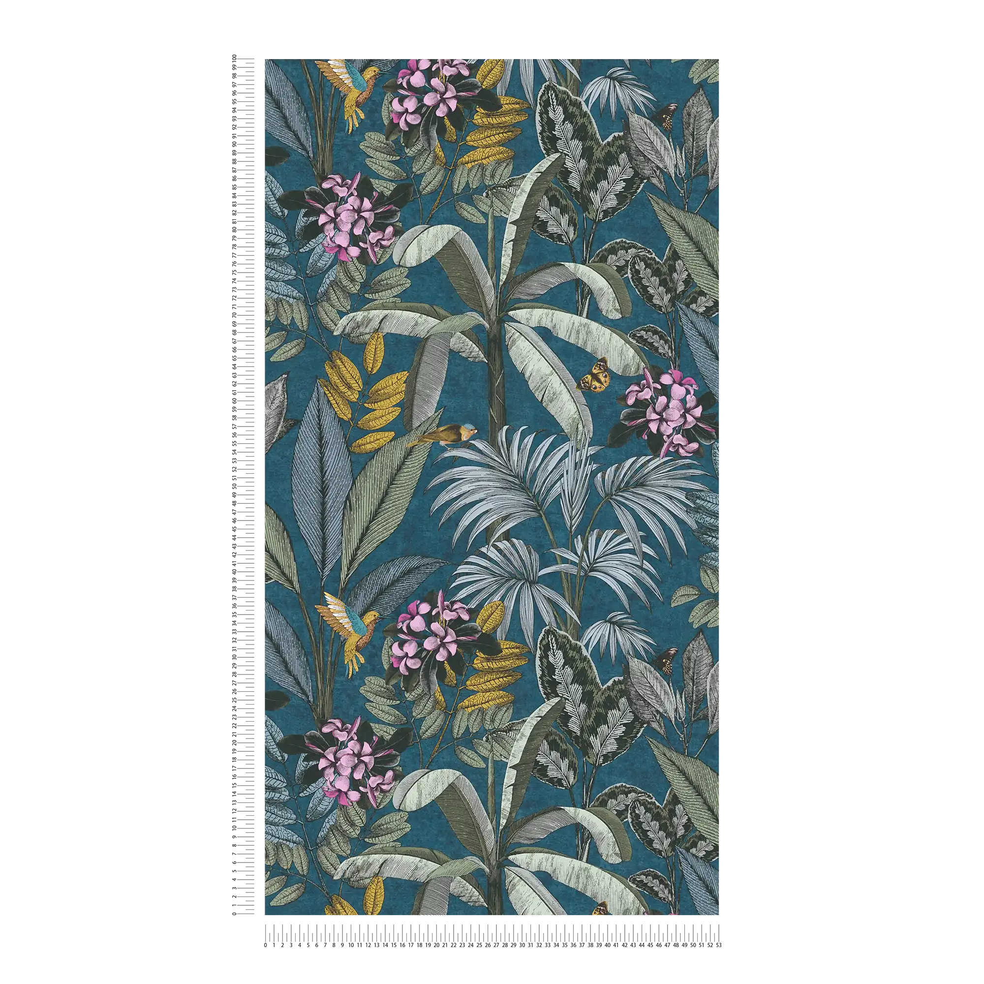             Blaue Tapete mit Dschungelmuster im Zeichenstil
        