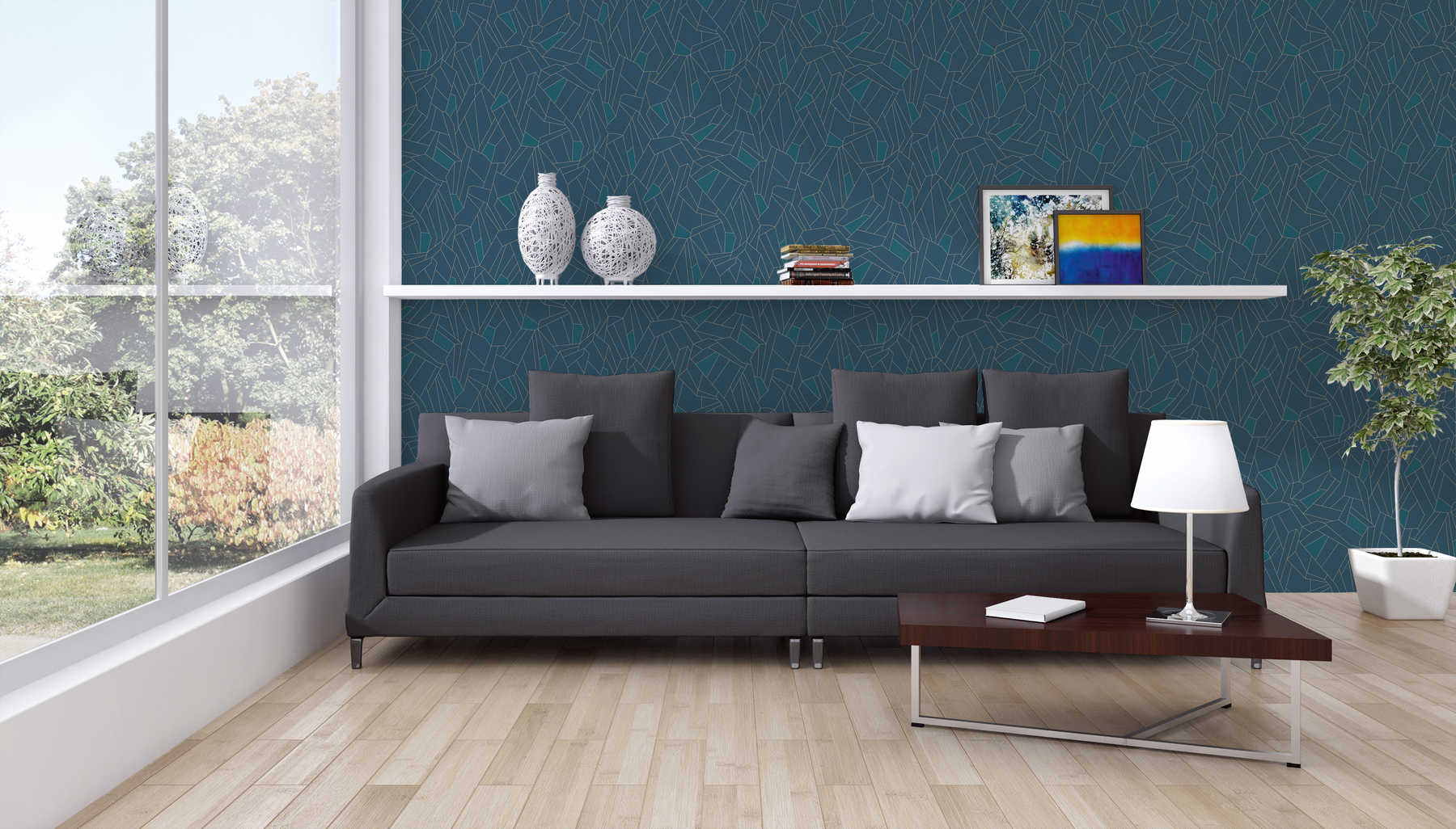             Retro Vliestapete mit Glitzer-Effekt – Blau, Petrol, Beige
        