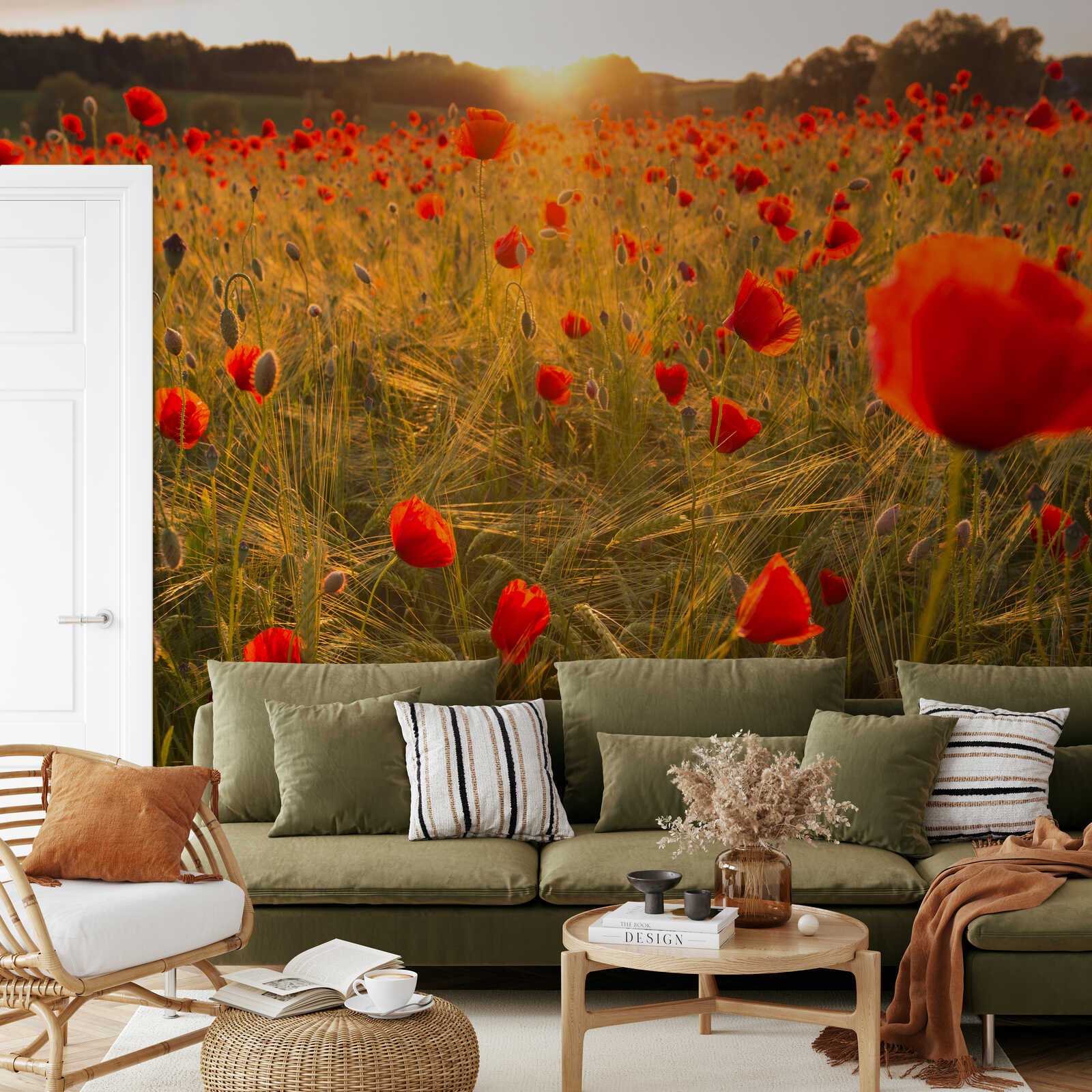 Mohnfeld, Wandwand, Wohnzimmer, grünes Sofa, Dekokissen