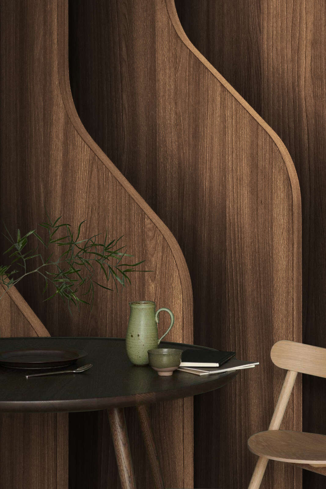 Holztisch, Holzmuster, Keramiktasse, Teller, Vase