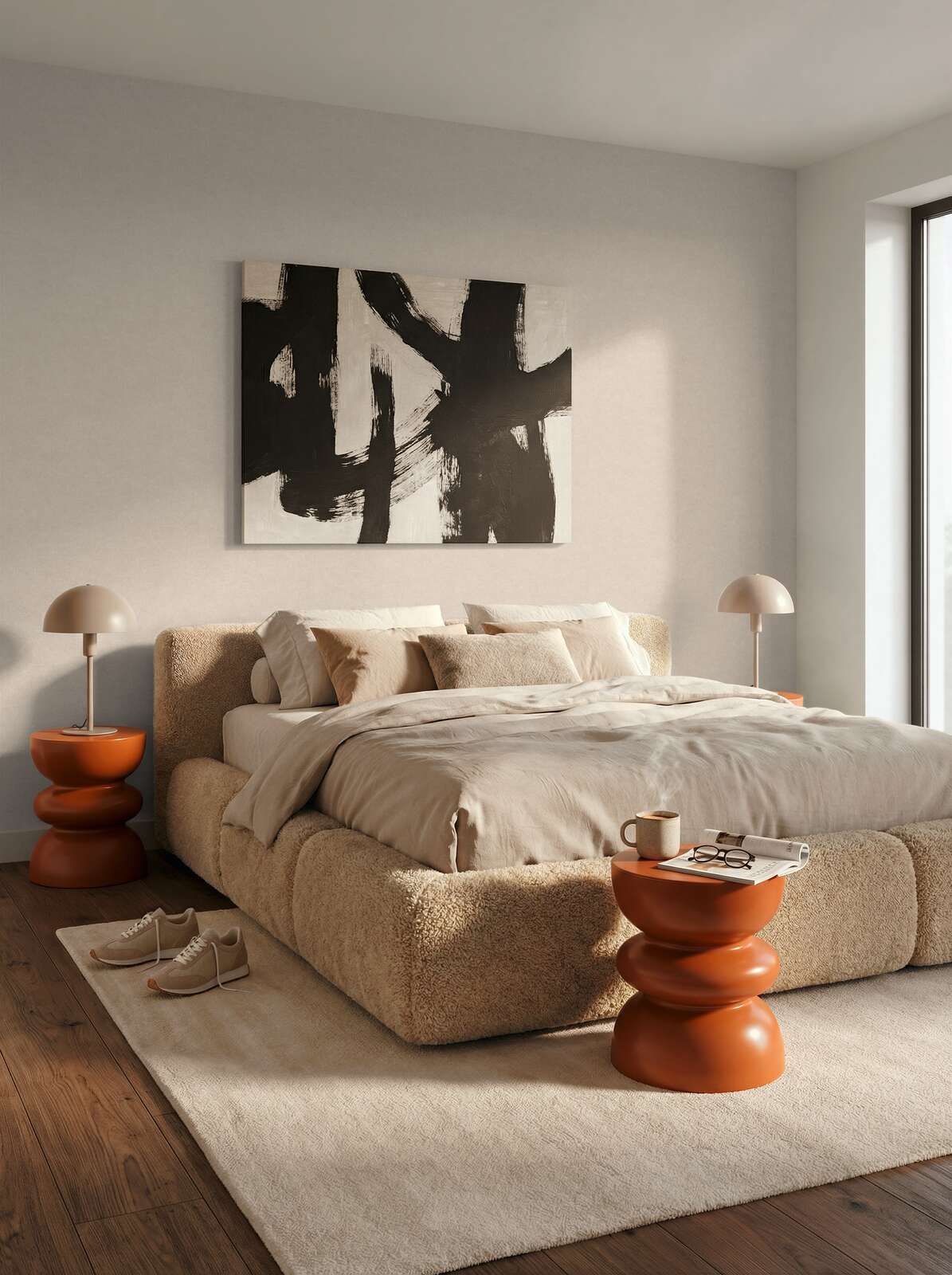 Bett, Bettwäsche, Teppich, Beistelltisch, Abstrakte Kunst