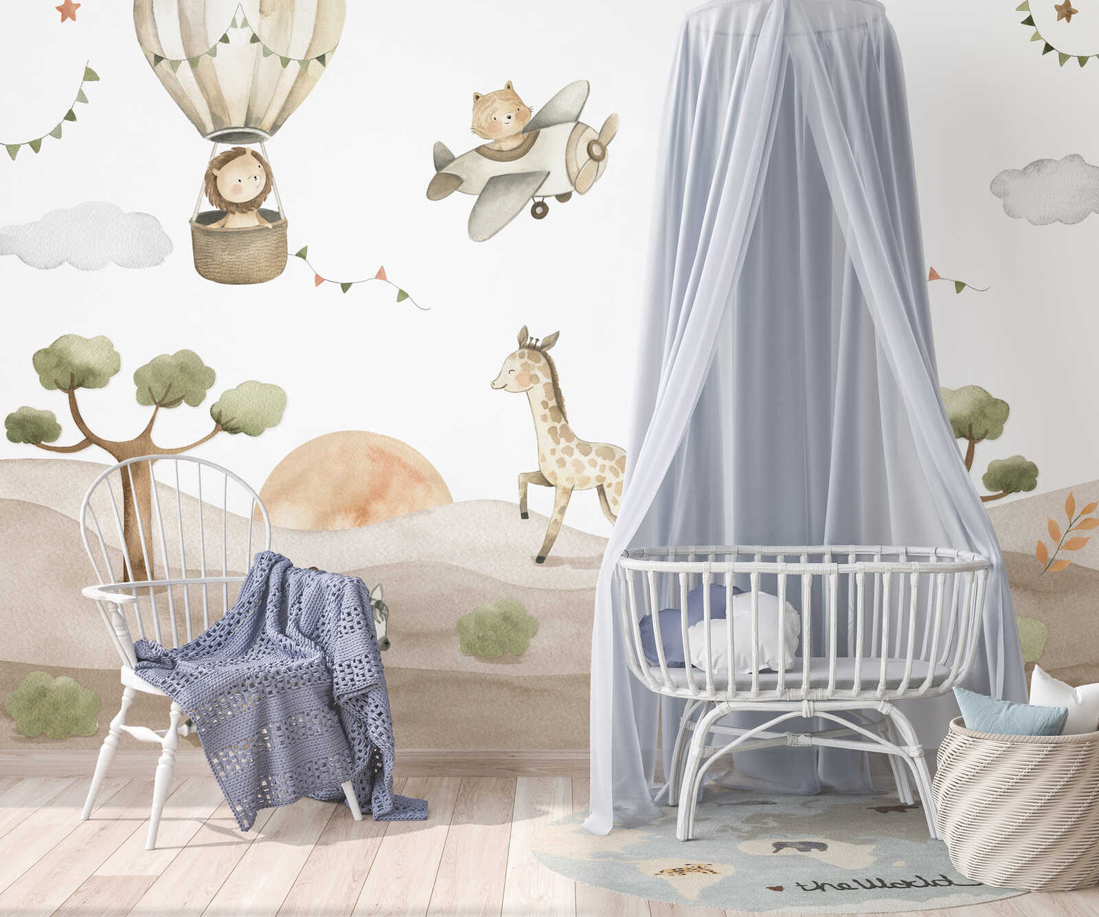         Kinderkamer fotobehang safari avontuur - vliesbehang met schattige dieren en luchtballonnen - kleurrijk
    