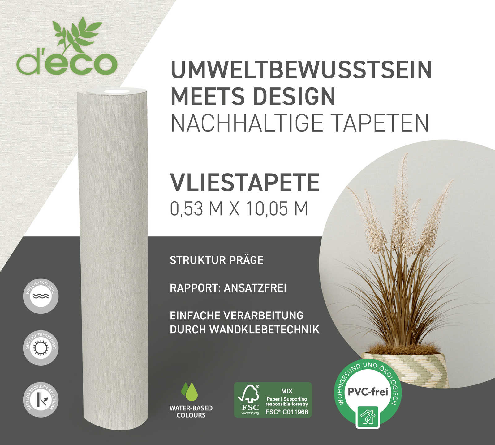             Textiloptiktapete einfarbiges Design PVC-frei – Weiß, Creme
        