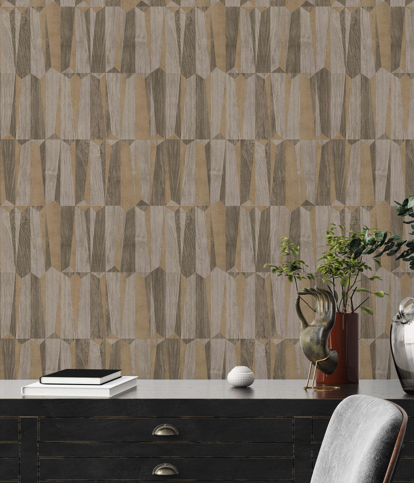 Ethno Tapete mit Metallic &amp; Holzeffekt – Braun, Grau