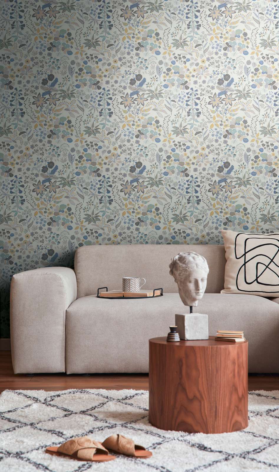             Vliestapete mit detaillierten Blumenmuster - Grau, Blau, Creme
        
