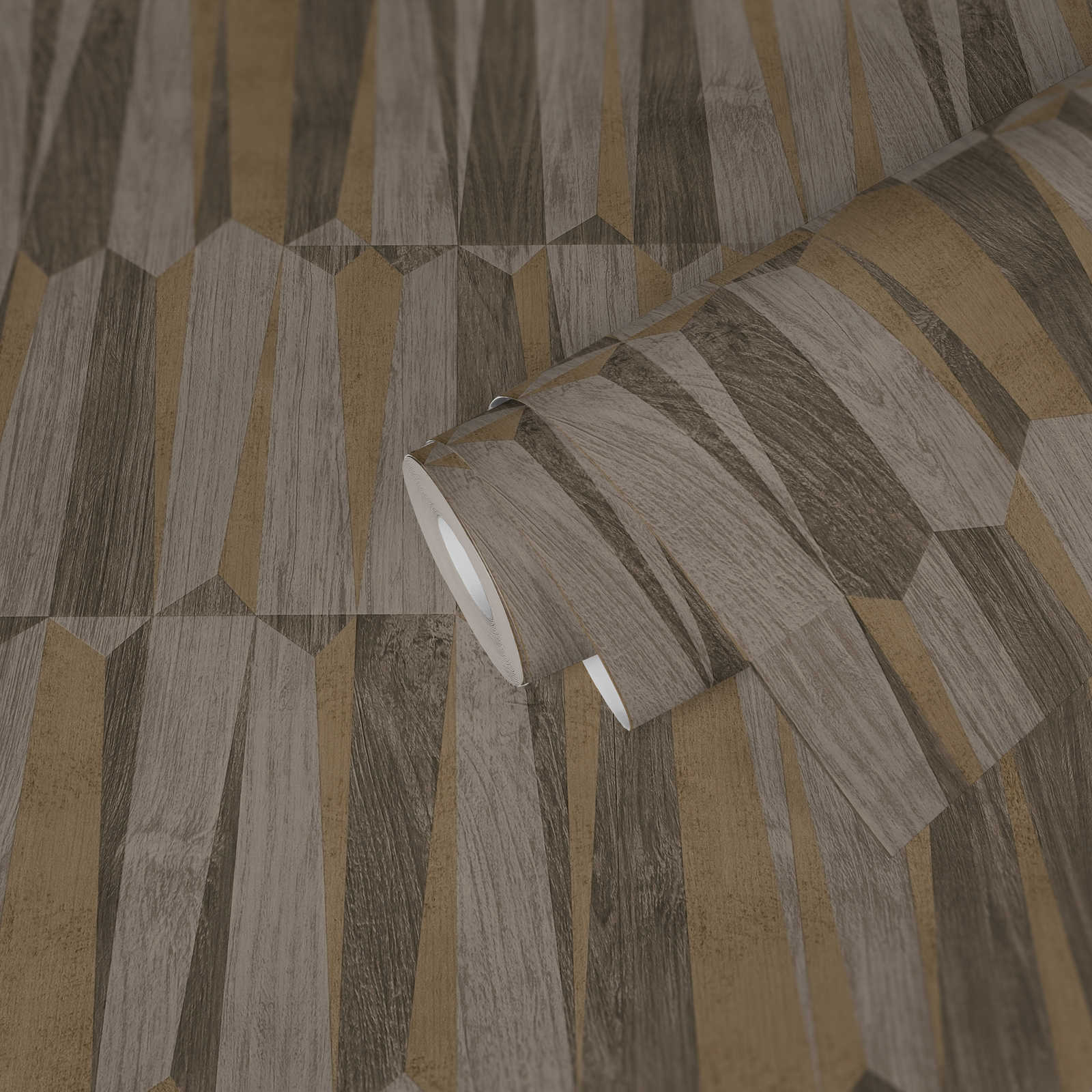 Ethno Tapete mit Metallic &amp; Holzeffekt – Braun, Grau