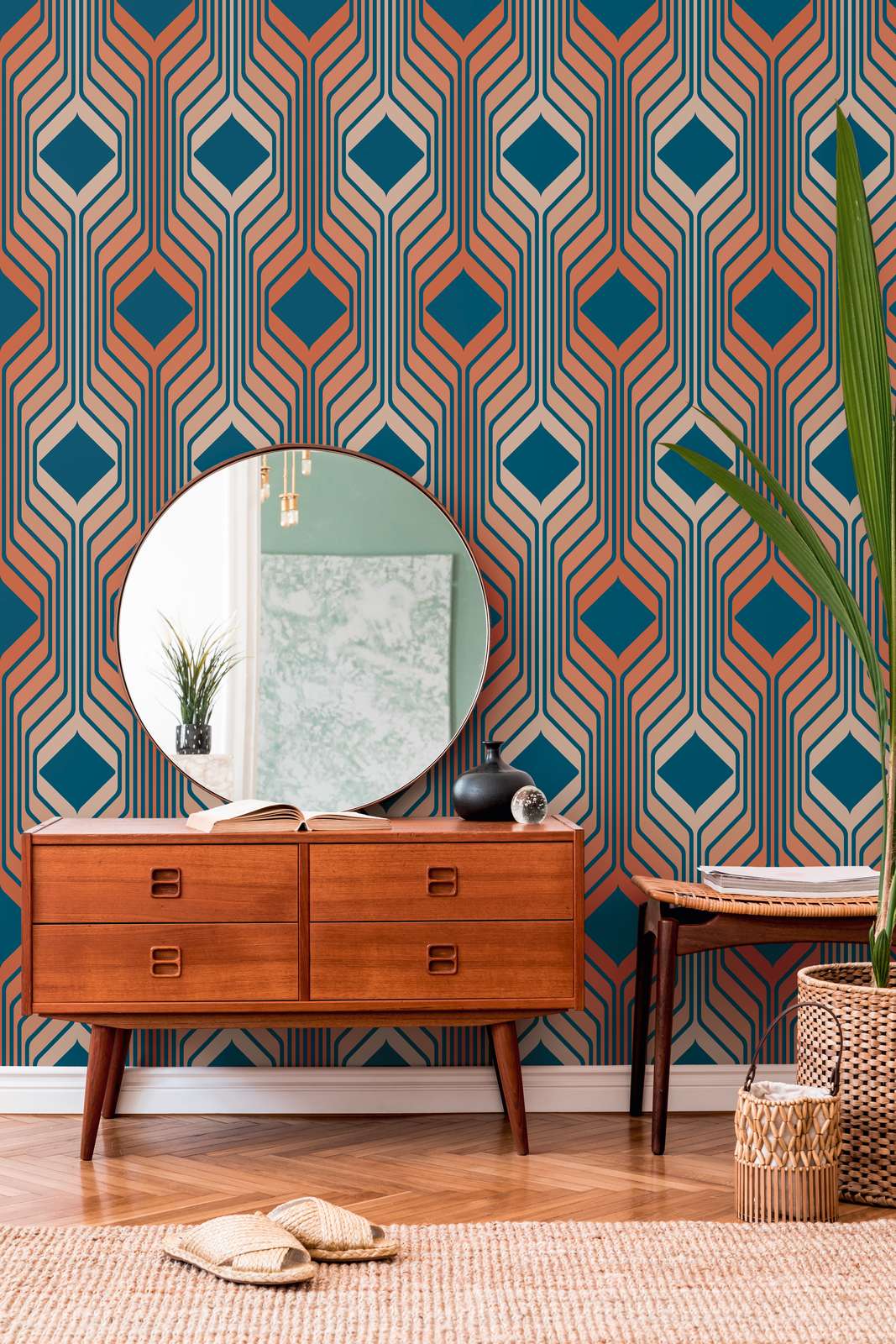             Abstraktes Rauten Muster im Retro Stil – Blau, Rot, Rosa
        