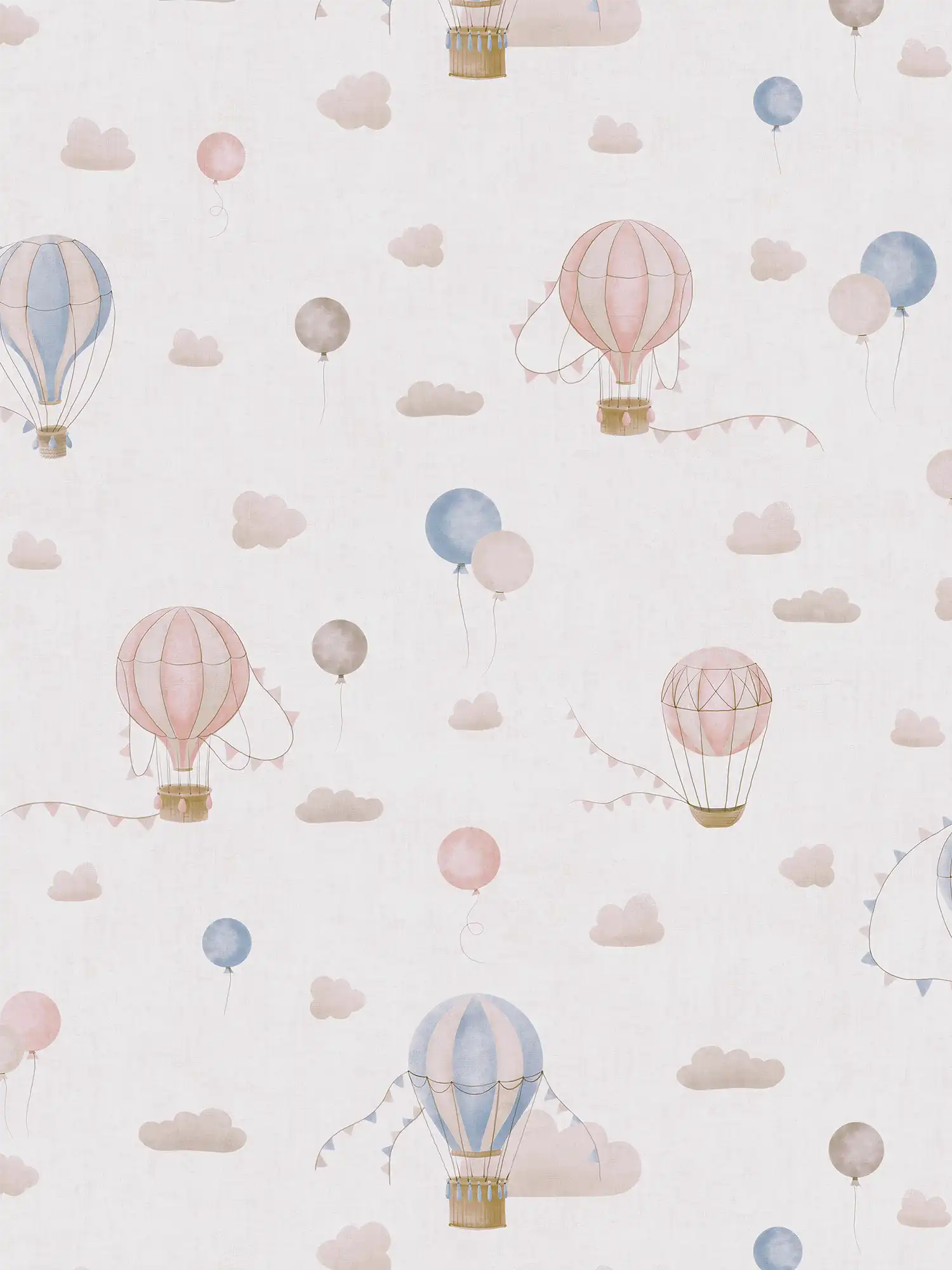         Kinderzimmer Vliestapete mit Heißluftballons und Wolken – Verspieltes Design für kleine Entdecker – Blau, Creme, Rosa
    