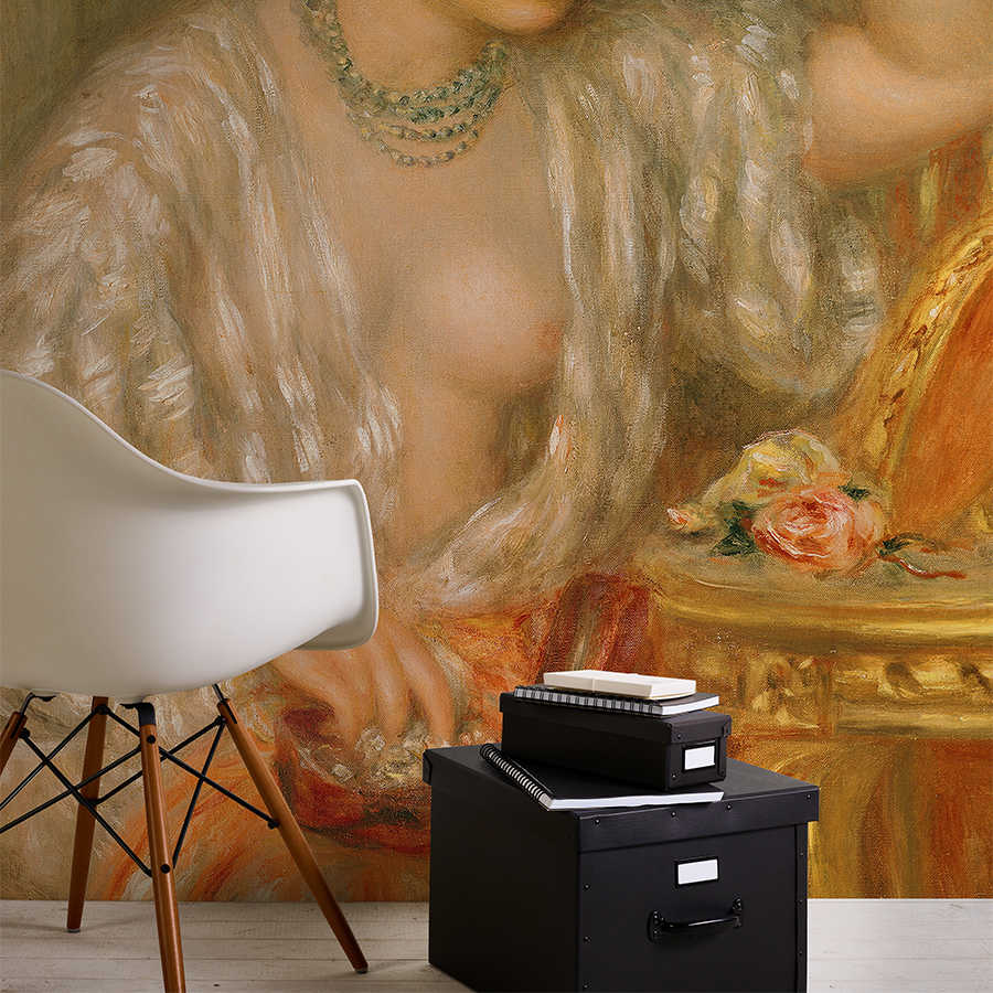 stuhl, aufbewahrungskiste, stapel notizbücher, porträt wandbild, rosa rose, kunst dekor, studioeinrichtung