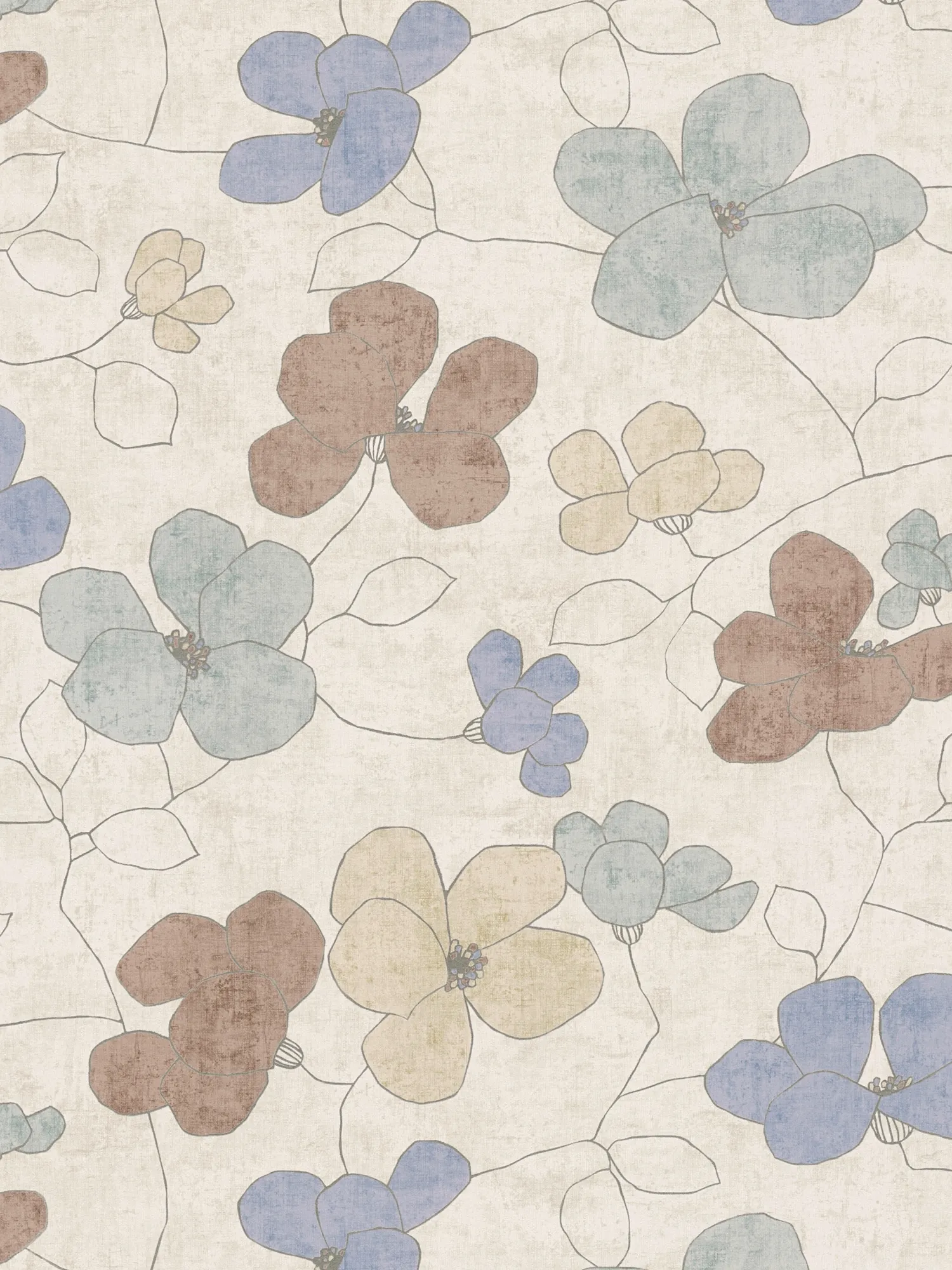papier peint en papiers peints intissés avec fleurs au style délicatement structuré - gris, marron, bleu