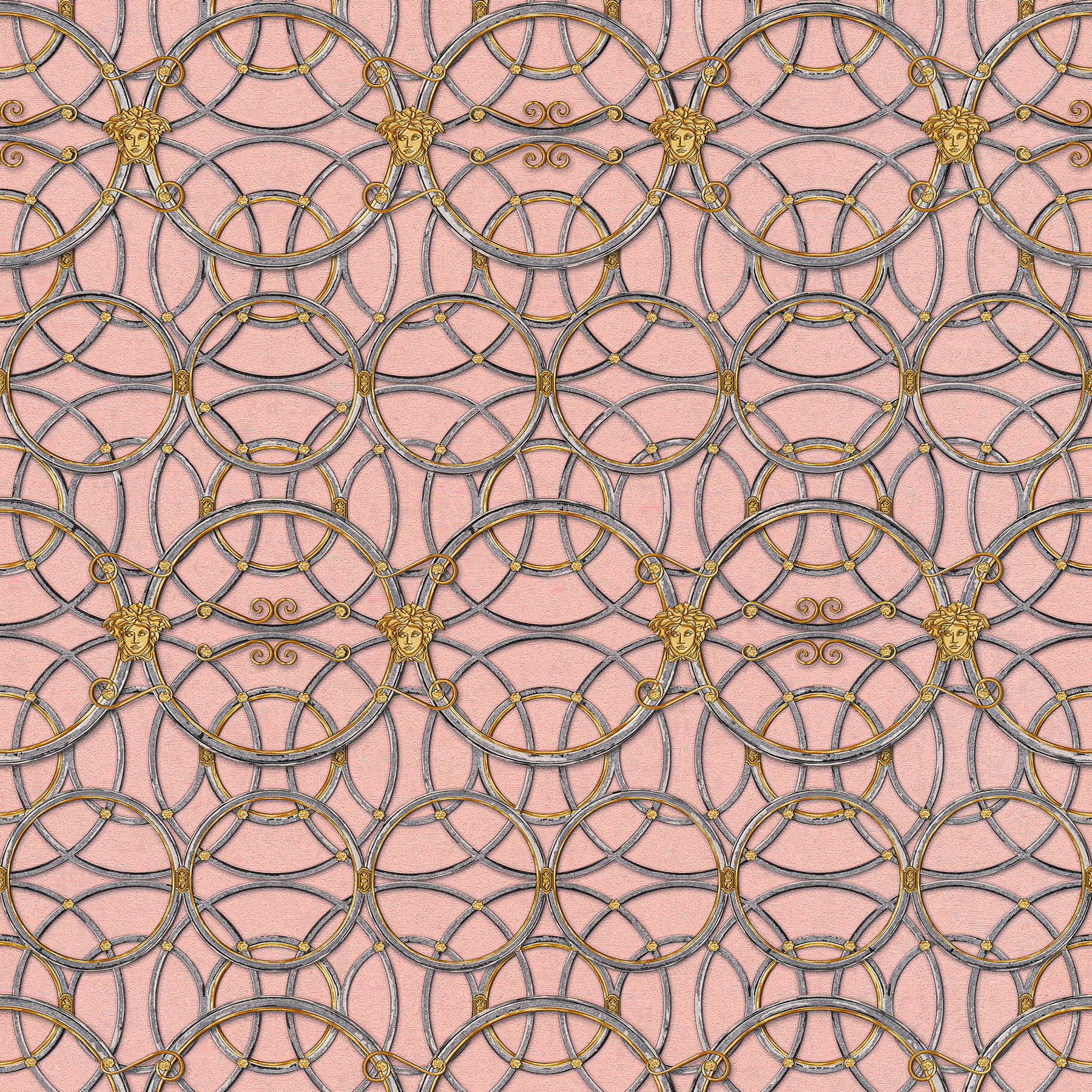             VERSACE Home Tapete Kreismuster und Medusa – Silber, Gold, Rosa
        