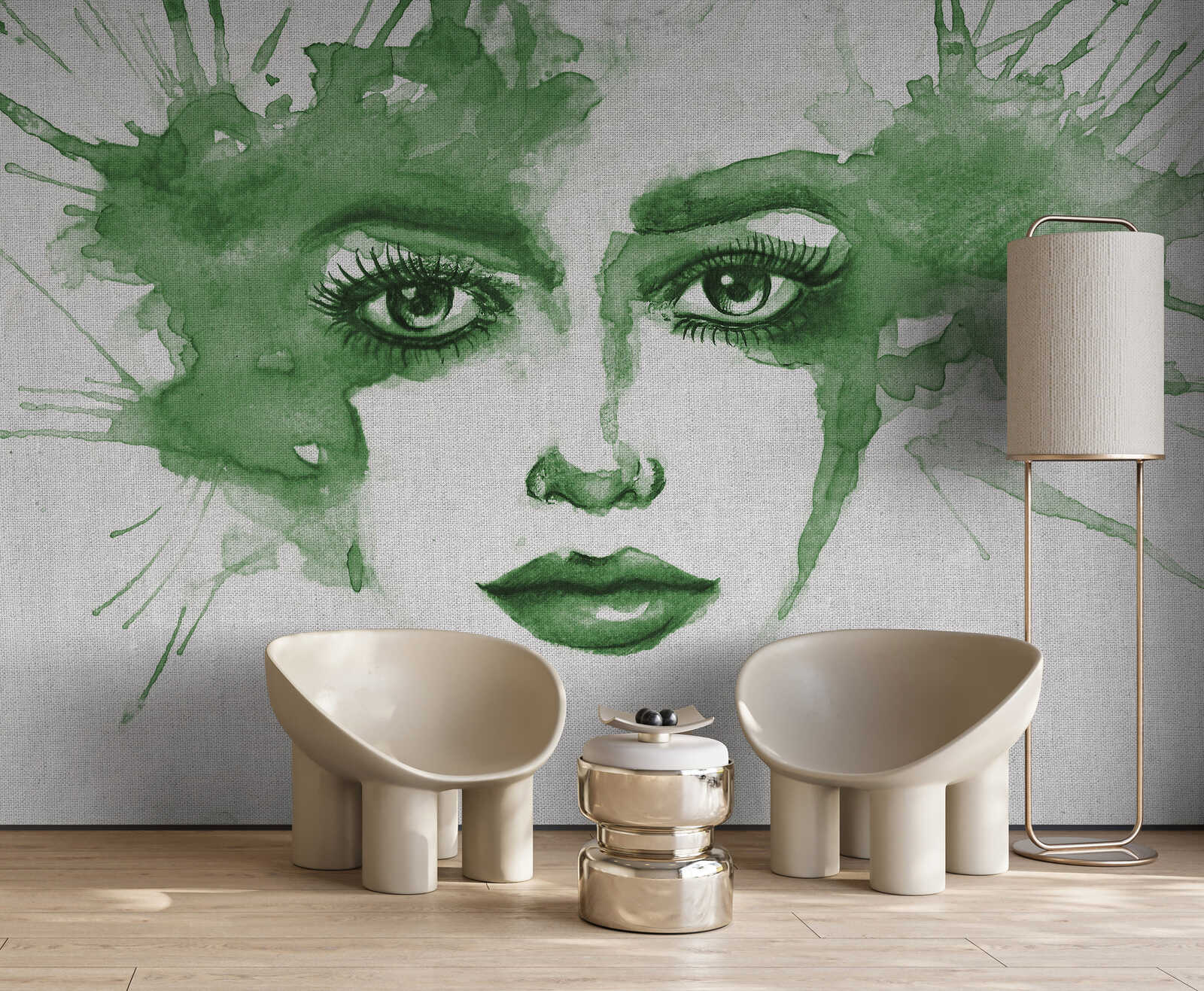 wandbild, grüne gesichtsmotive, kunstwand, tapete, wohnzimmer deko