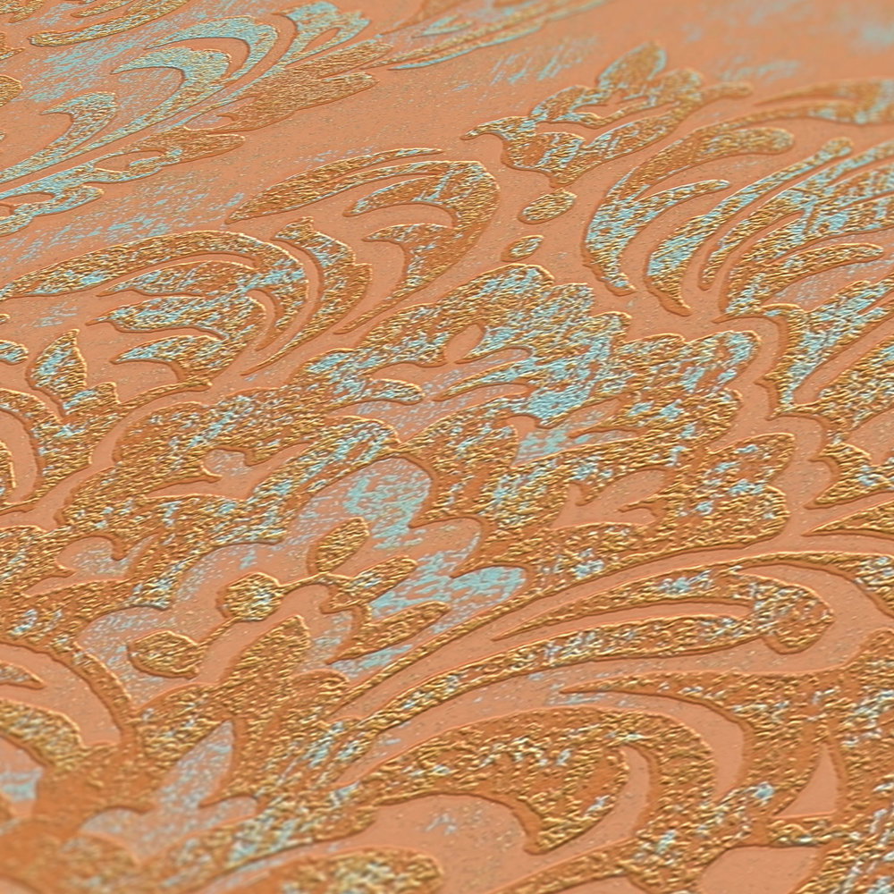             Metallic-Look Vliestapete mit Ornament – Orange, Rosa, Türkis
        