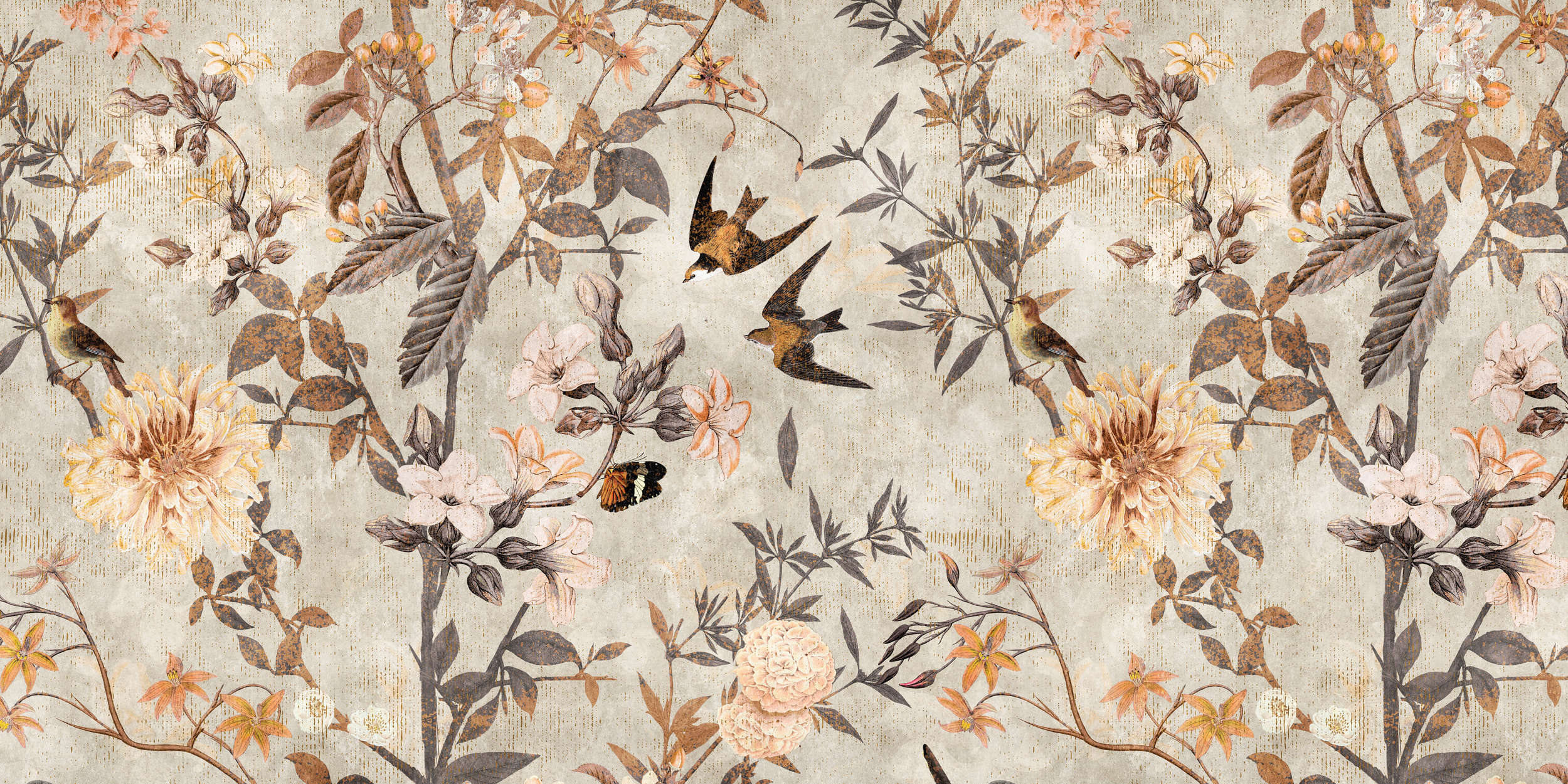 blumenmuster, vogelmotiv, wandtapete, altmodisch, rosenblüten