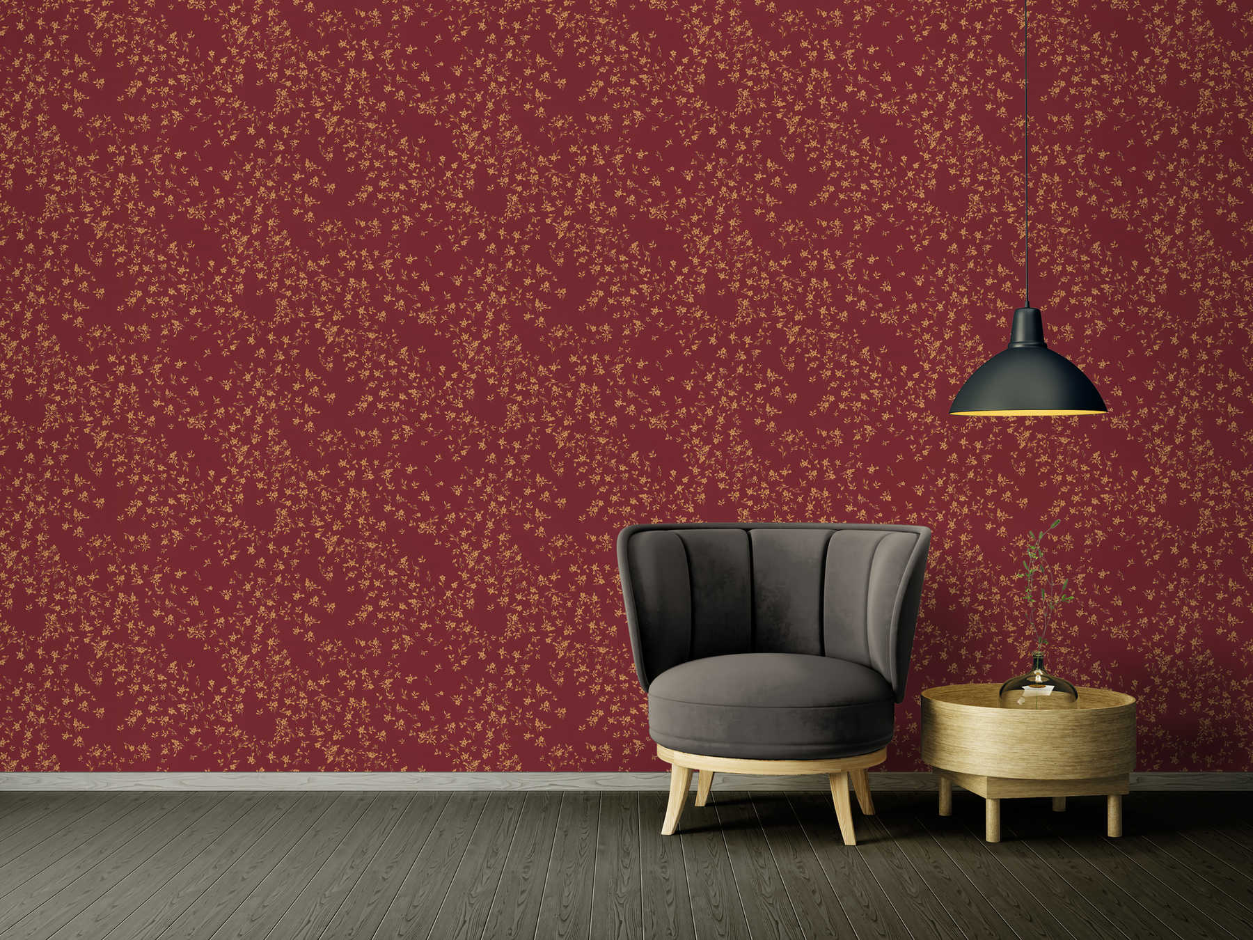            Rote VERSACE Tapete mit Blümchen Muster – Rot, Gold, Braun
        