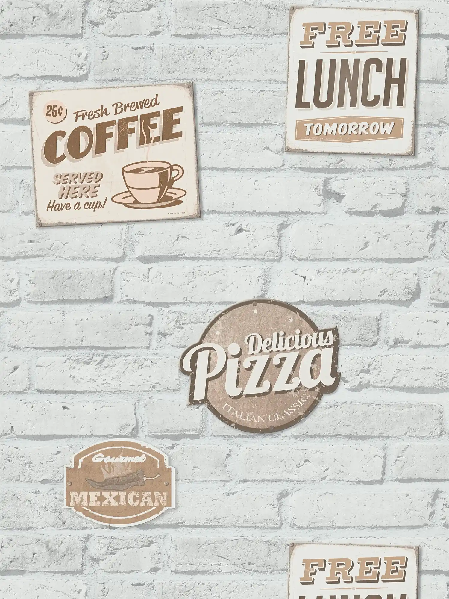         Self-adhesive wallpaper | White brick wall with advertising signs
    