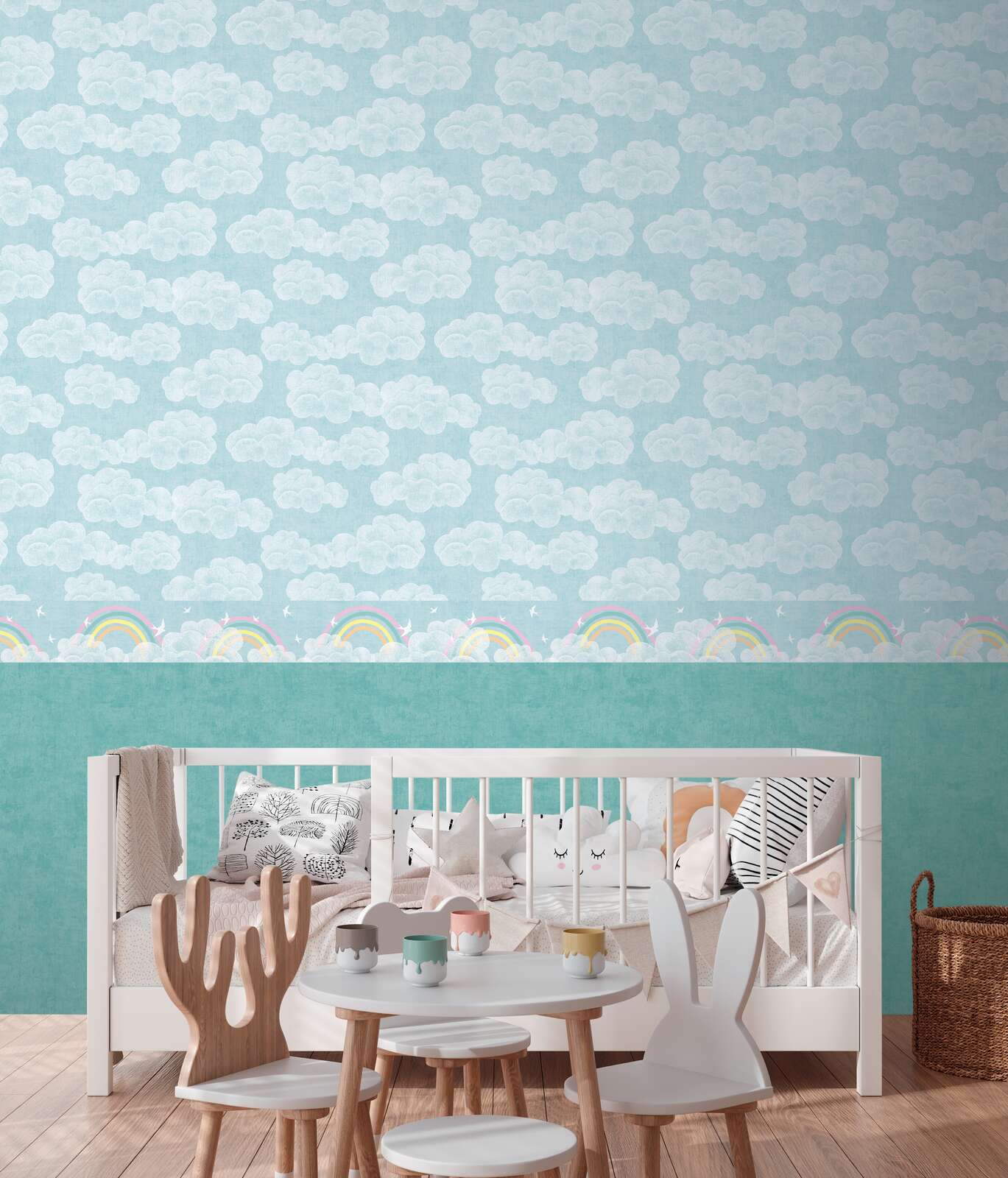             Kinderzimmer Vliestapete mit Wolkenmotiv – sanfte Himmelslandschaft für ein beruhigendes Raumwirkung – Blau, Weiß
        