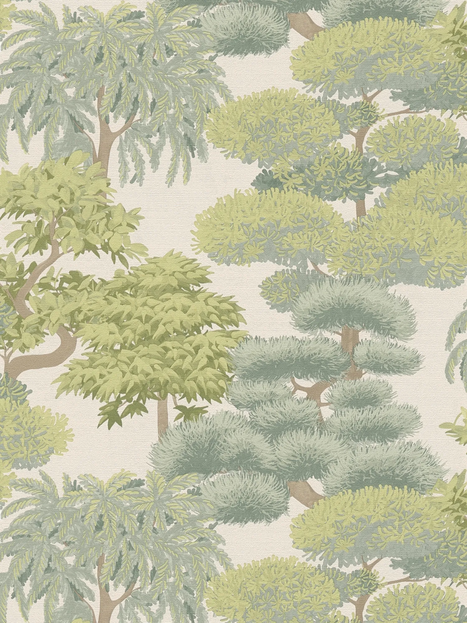         Non-woven wallpaper in tropical plant style with dense leaf composition slightly shiny slightly textured - green, cream, beige
    
