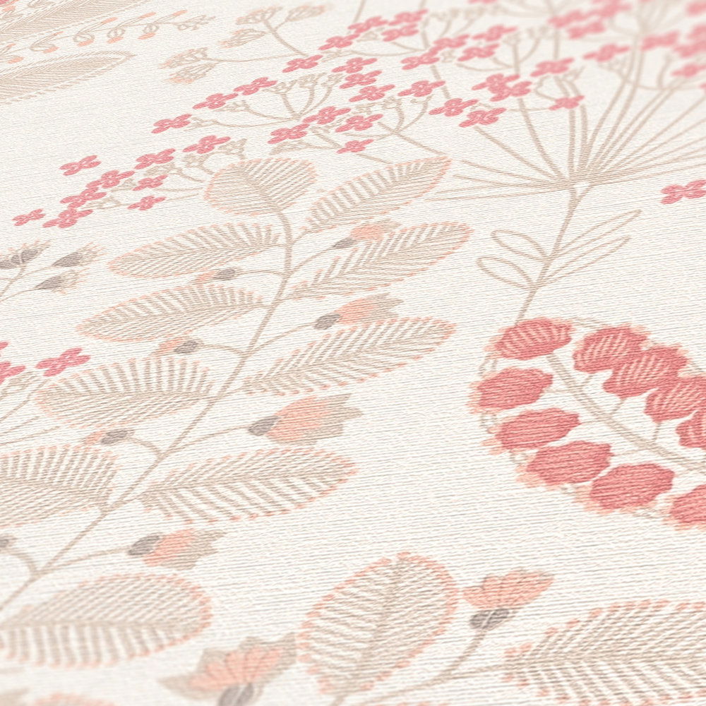             Florale Tapete mit Blättern im Retro-Design leicht strukturiert, matt – Weiß, Taupe, Rosa
        
