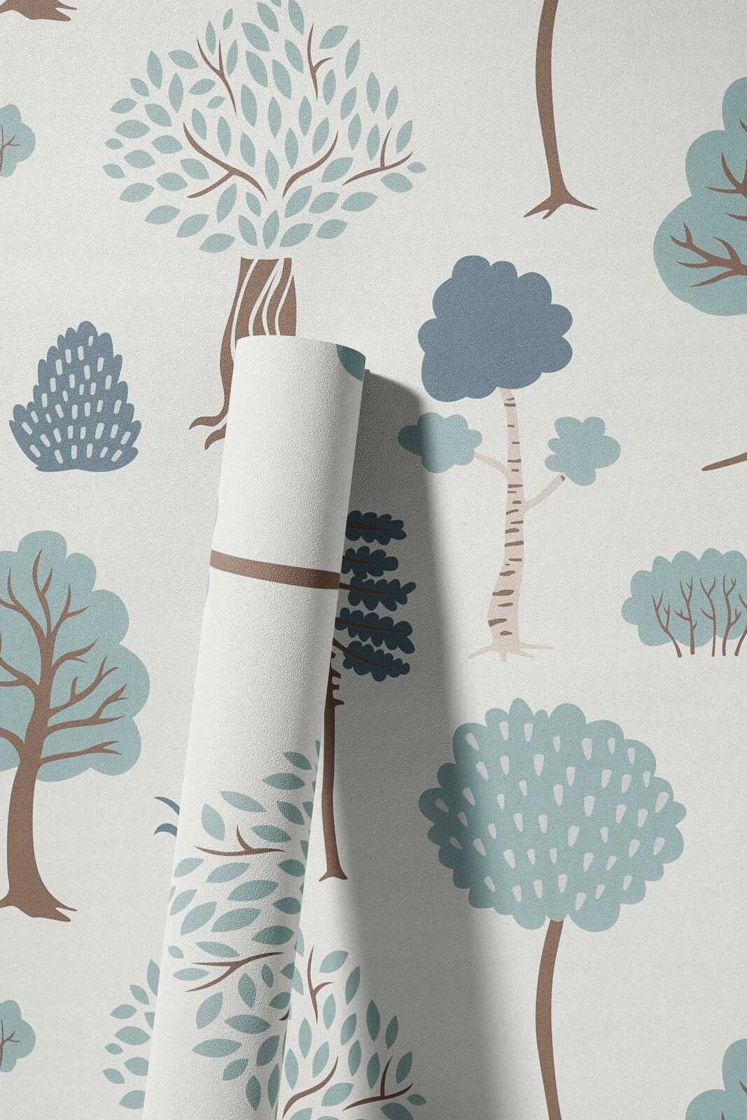 Vliestapete mit minimalen Wald-Motiv mit Bäumen – Creme, Grün, Braun