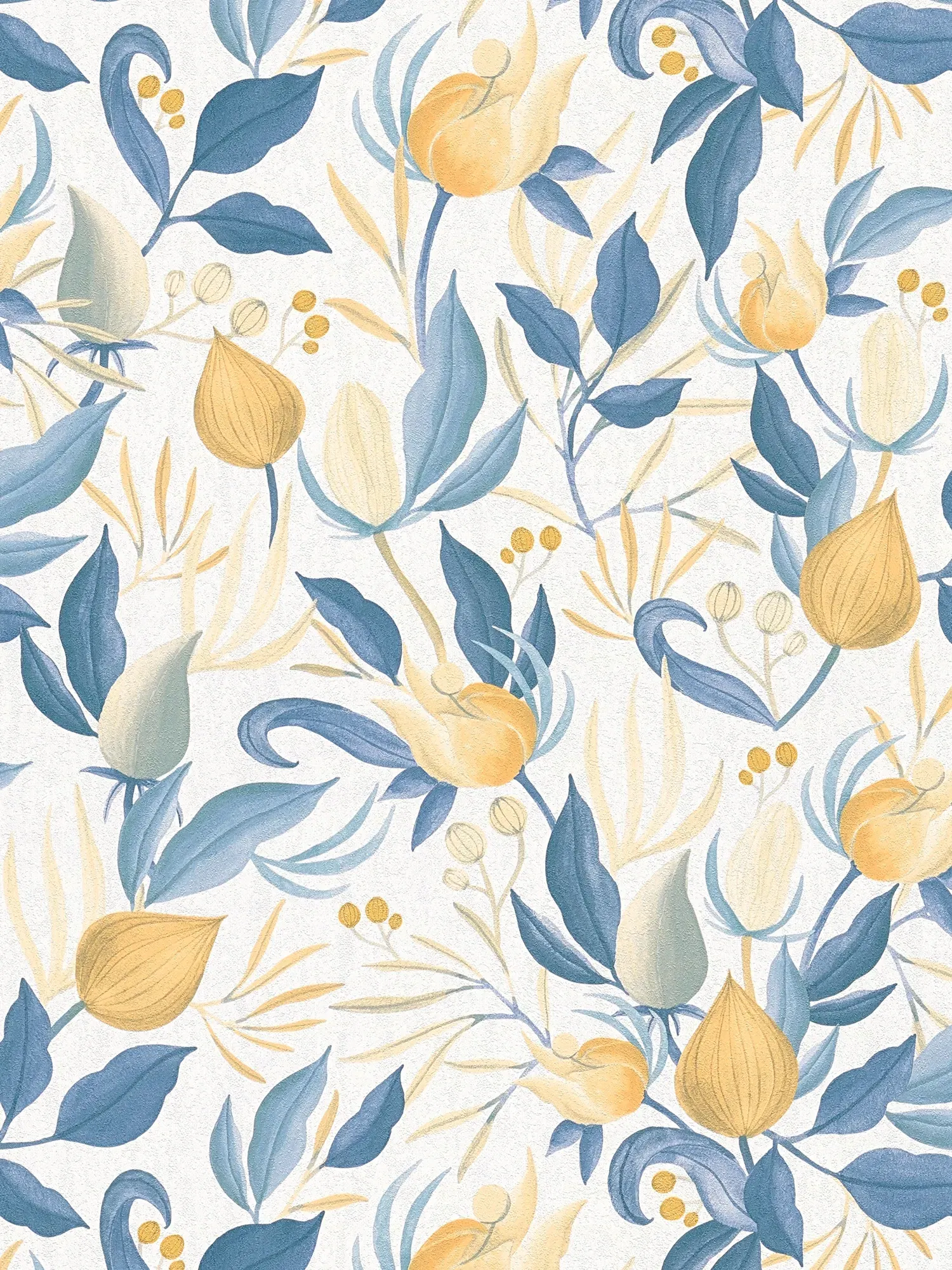 COSMOLiving - Verspielte Vliestapete mit exotischen Blüten in sommerlichen Farben – Weiß, Blau, Gelb