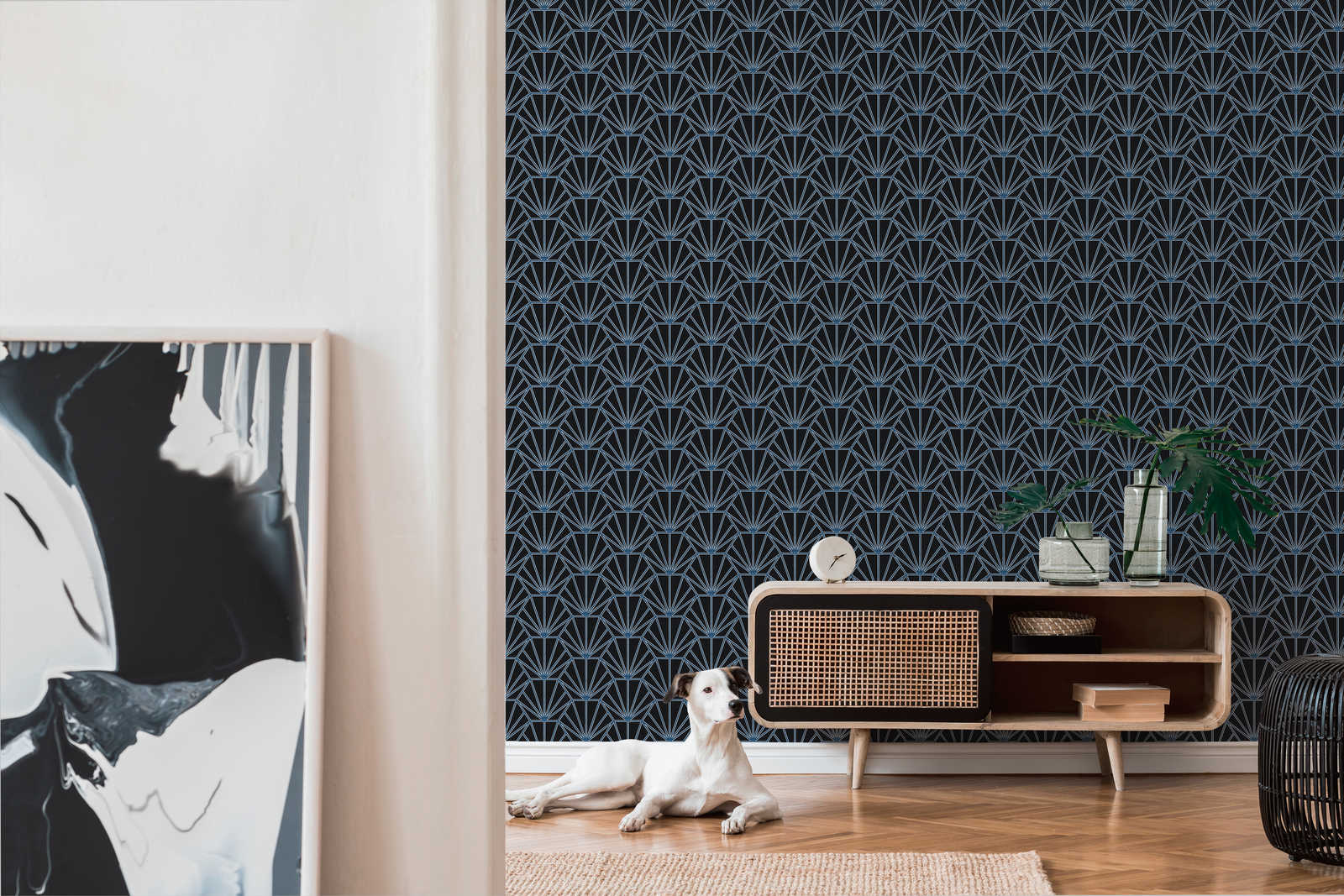             Art Déco Tapete gemustert im Retro Look – Schwarz, Blau, Weiß
        