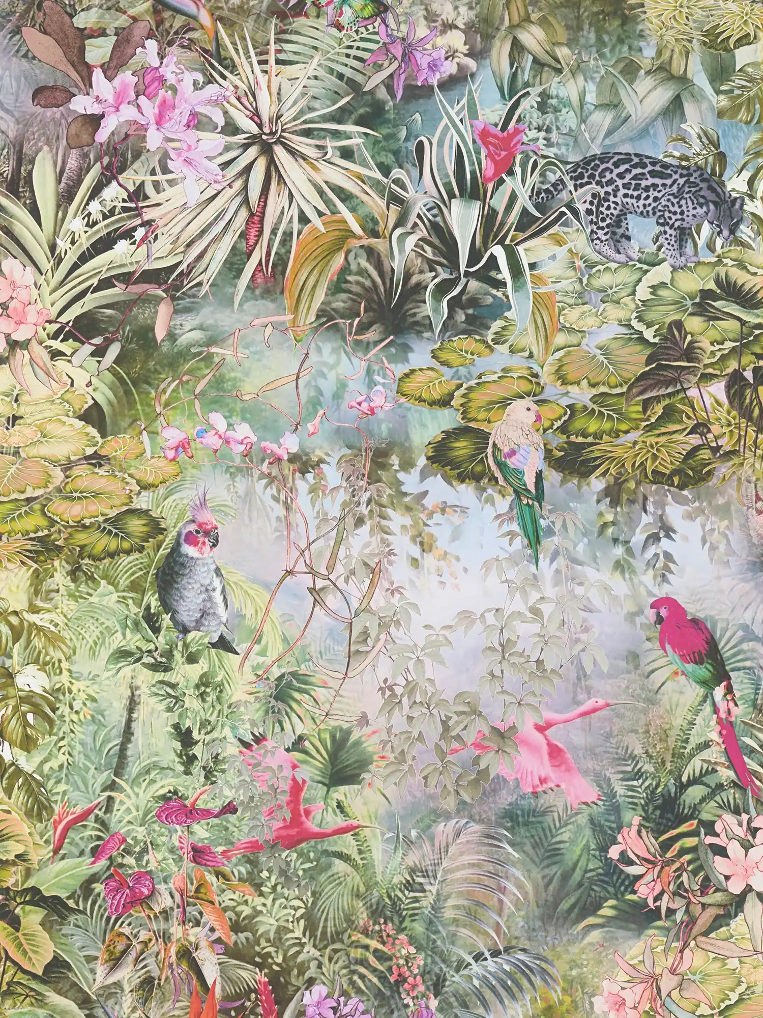         Jungle wallpaper parrot & leopard - green, pink, grey
    