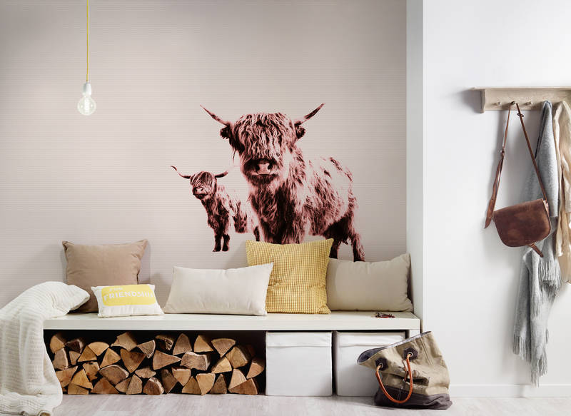 Hochlandrind, Wandbild, Holzaufbewahrung, Sofa-Bank, neutrale Dekoration