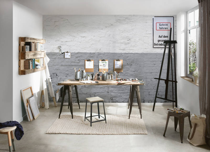             Industriegelände Vliestapete – Fototapete in 3D Optik mit Fabrikwand – Grau, Weiß
        